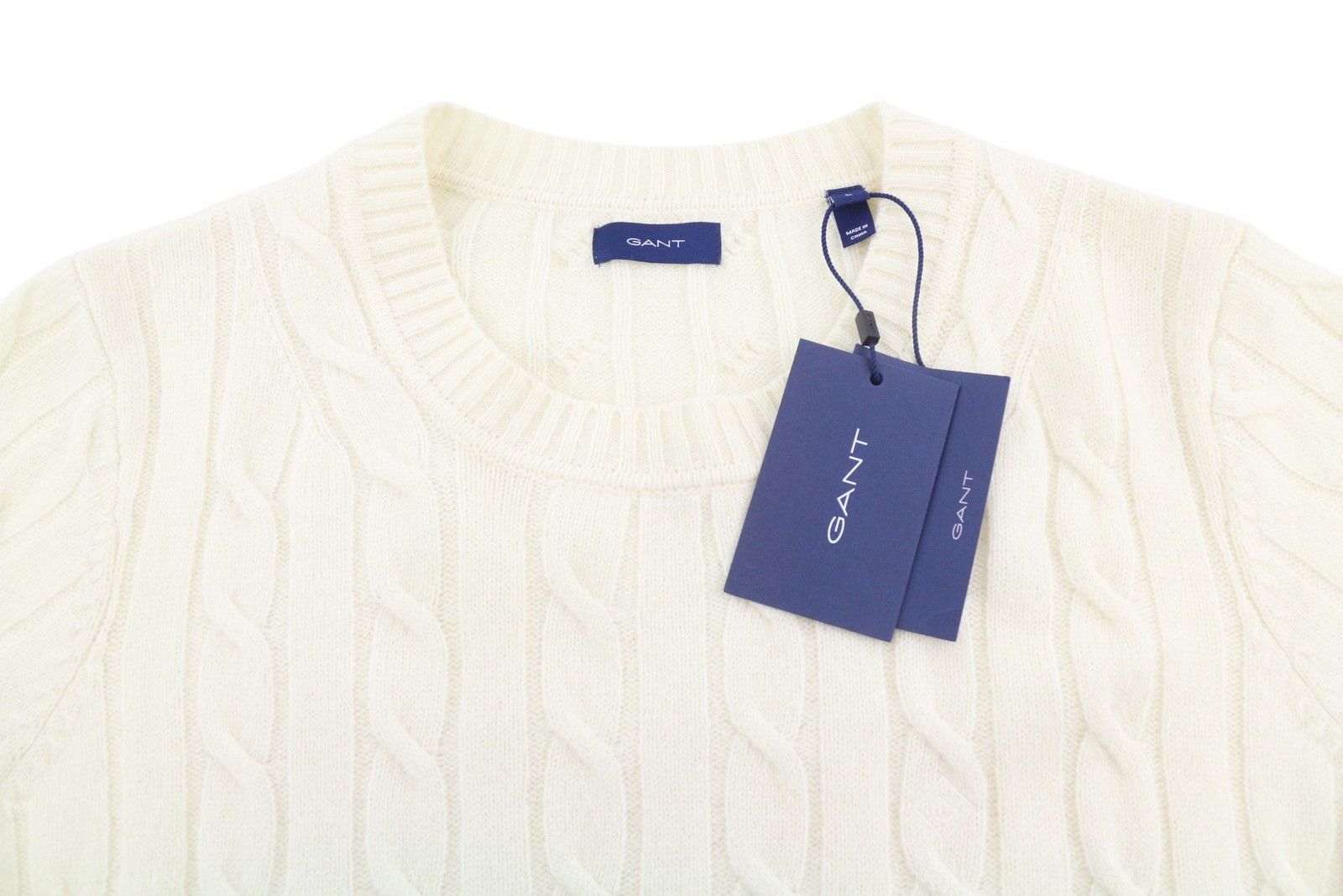 Gant LAMBSWOOL CABLE C-NECK L Cream Wool Blend Knit 88107 Size L / US 10 / IT 46 - 5 Thumbnail