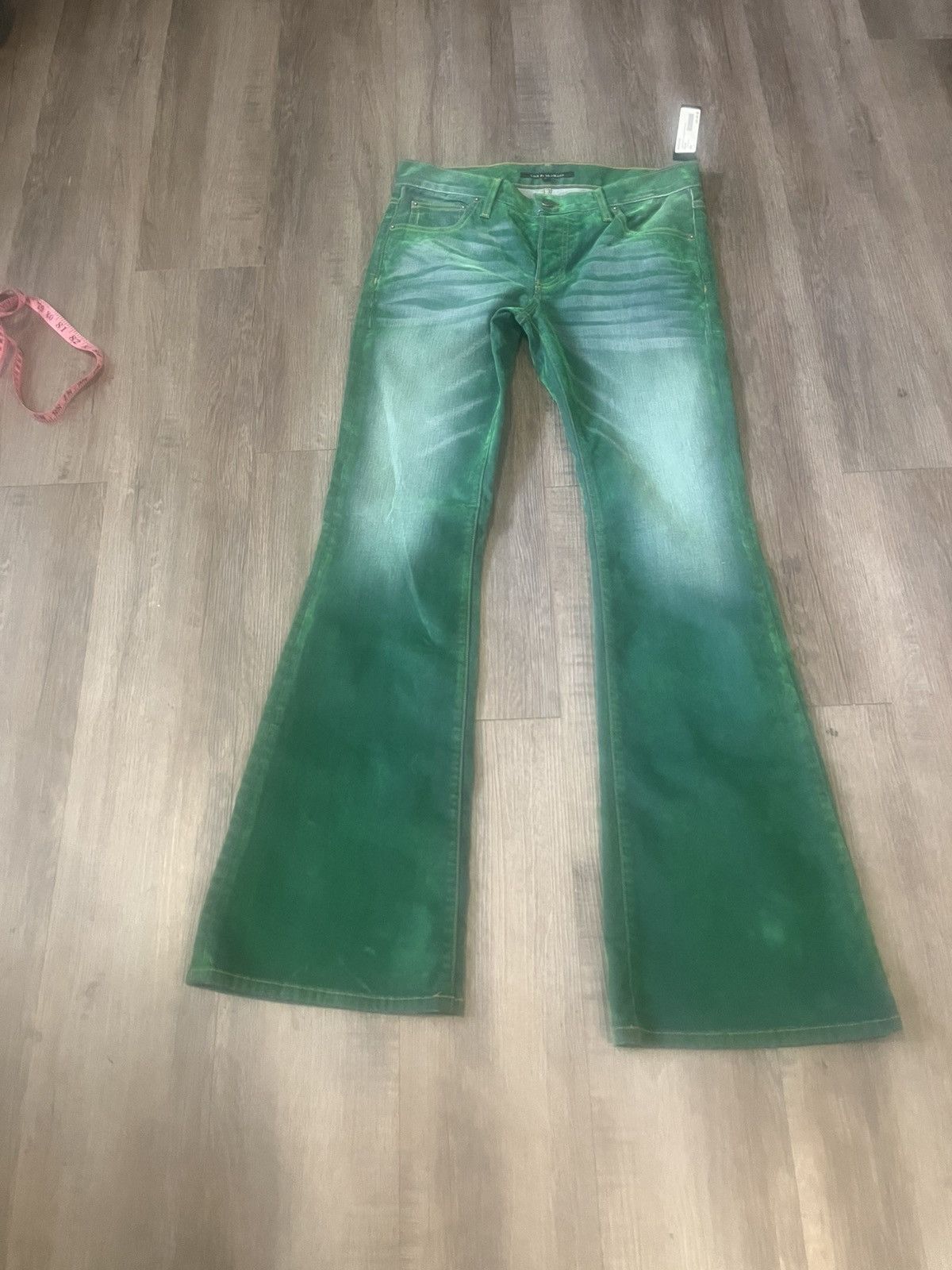 Cout de la Liberte COUT DE LA LIBERTÉ: Green Jimm y Stretch Suede Flare Jeans Size US 30 / EU 46 - 3 Thumbnail