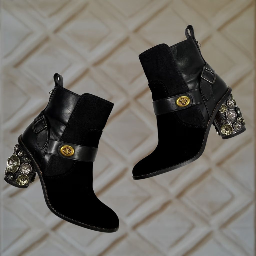 Coach Coach Black Leather Suede Women's Bootie Block Heel 5 Size US 9 / IT 39 - 1 Thumbnail