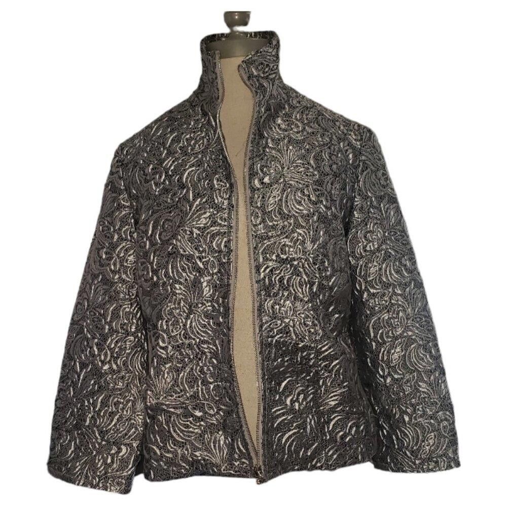 Designer CT1576 Ethyl Metallic and Black Evening Floral Zip Jacket S Size S / US 4 / IT 40 - 2 Thumbnail