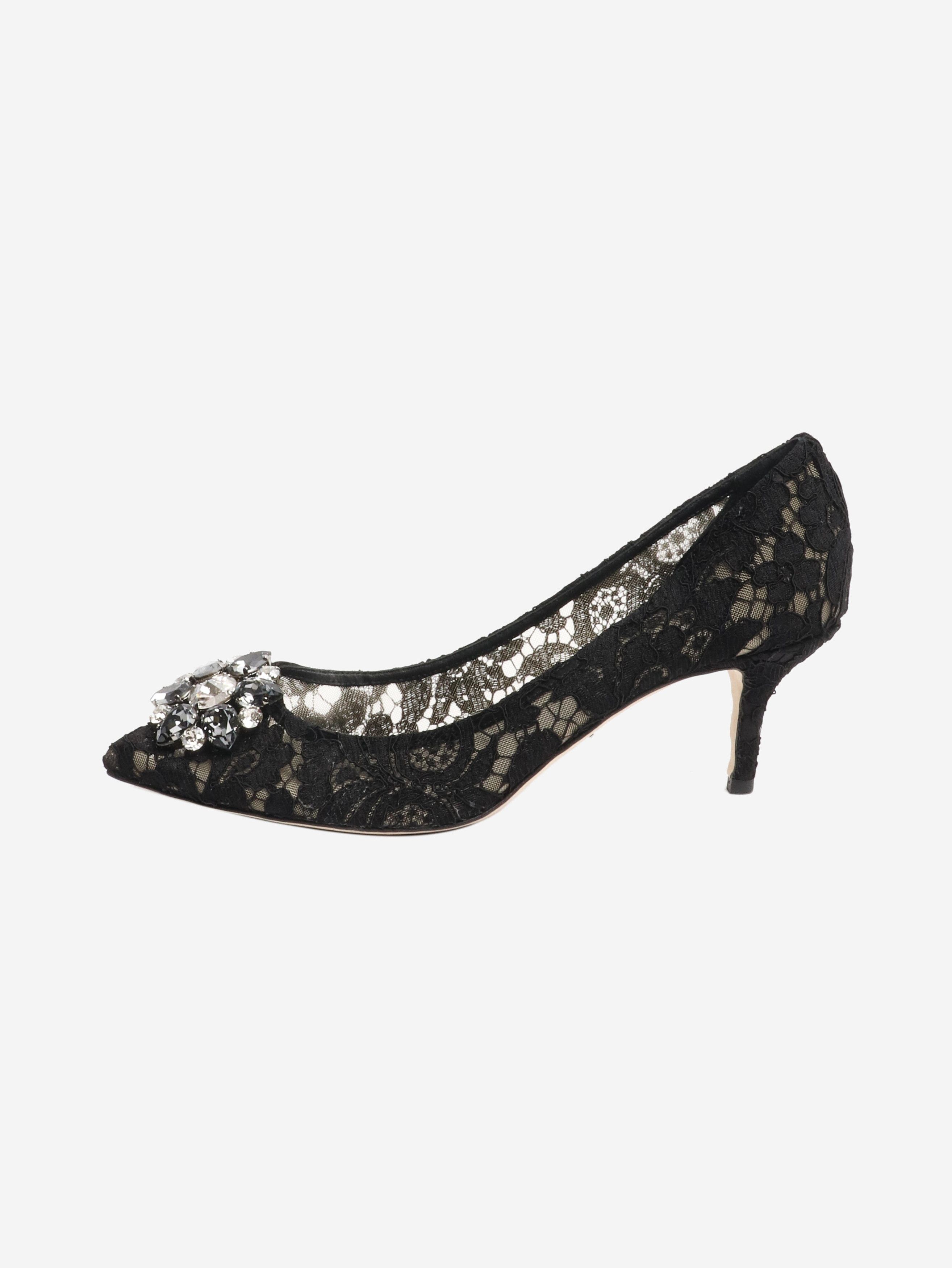 Dolce & Gabbana Black bejewelled lace pumps - EU 39.5 Size US 8 / IT 38 - 1 Thumbnail