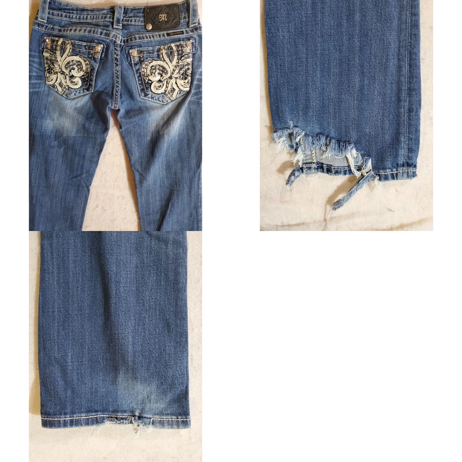 Miss Me VINTAGE: MISS ME Jeans 27/34 Bootcut Blue Leather Embroidered Rhinestone Studded Distressed Pockets 32in Inseam Womens Jeans Mens? Size 27" / US 4 / IT 40 - 8 Thumbnail