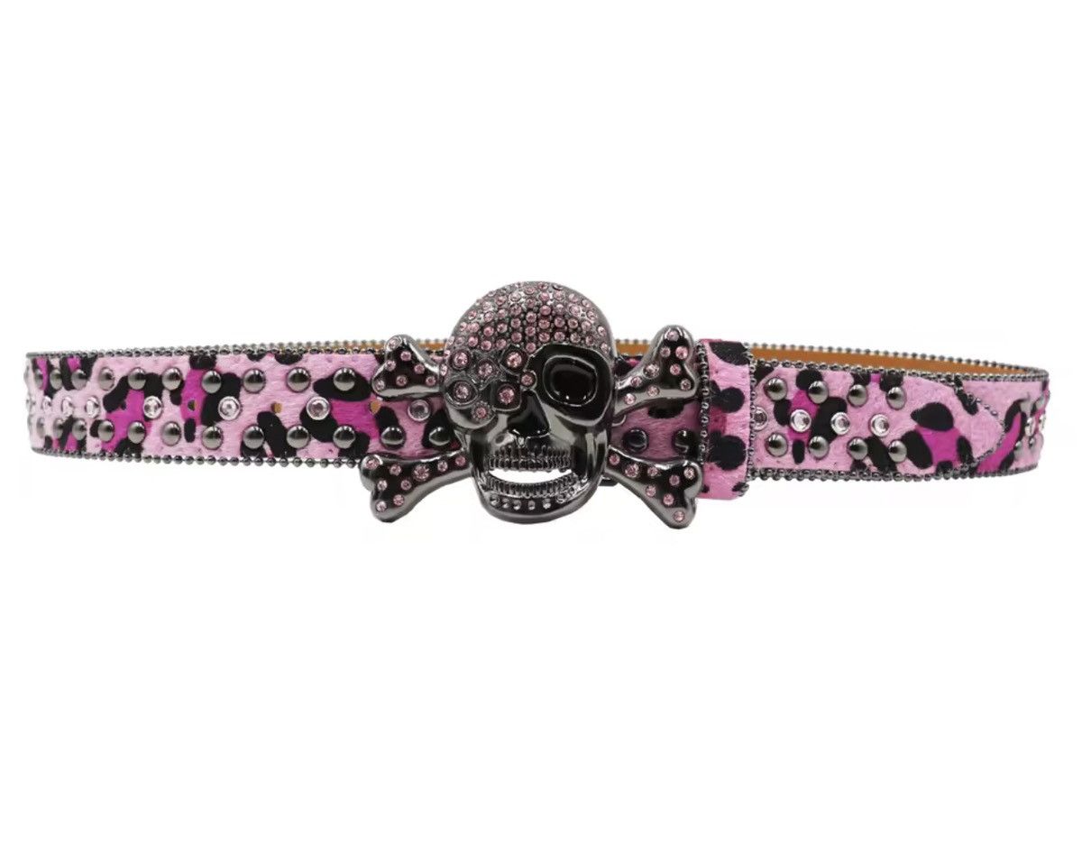 Japanese Brand Crystal Skull Crossbone Leopard PU Leather Belt 105 cm Size ONE SIZE - 3 Thumbnail