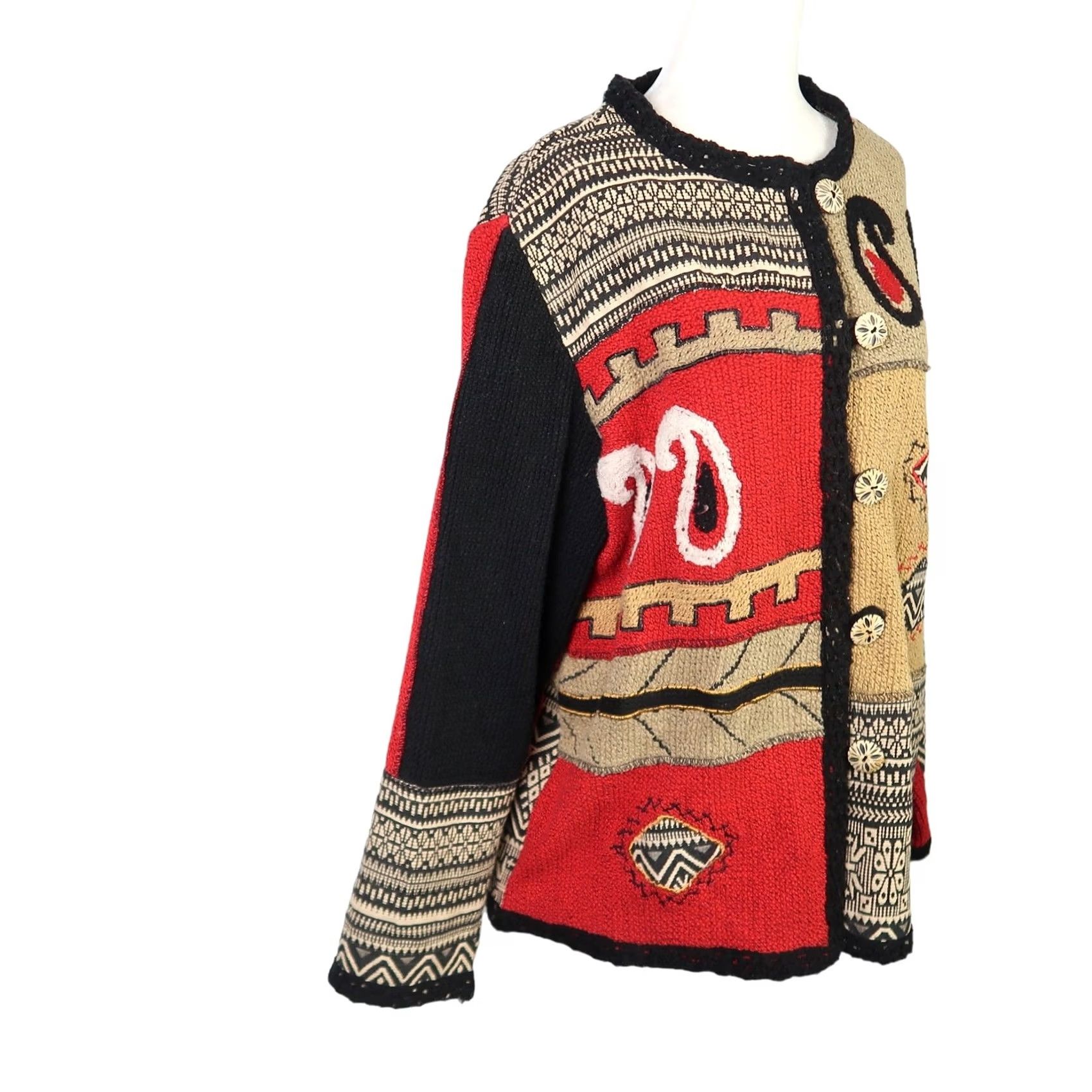 Vintage VINTAGE Jacket Womens L Black 90s Alex Kin red tan paisley geometric print knit Size L / US 10 / IT 46 - 4 Thumbnail
