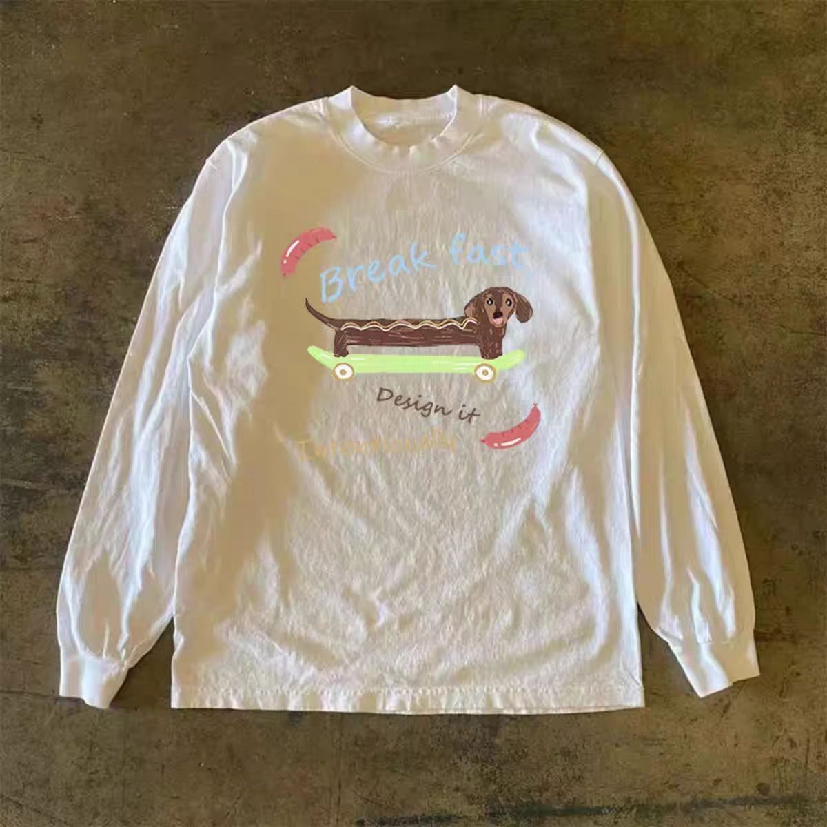 Vintage White casual retro dachshund print long-sleeved t-shirt Size US M / EU 48-50 / 2 - 1 Thumbnail