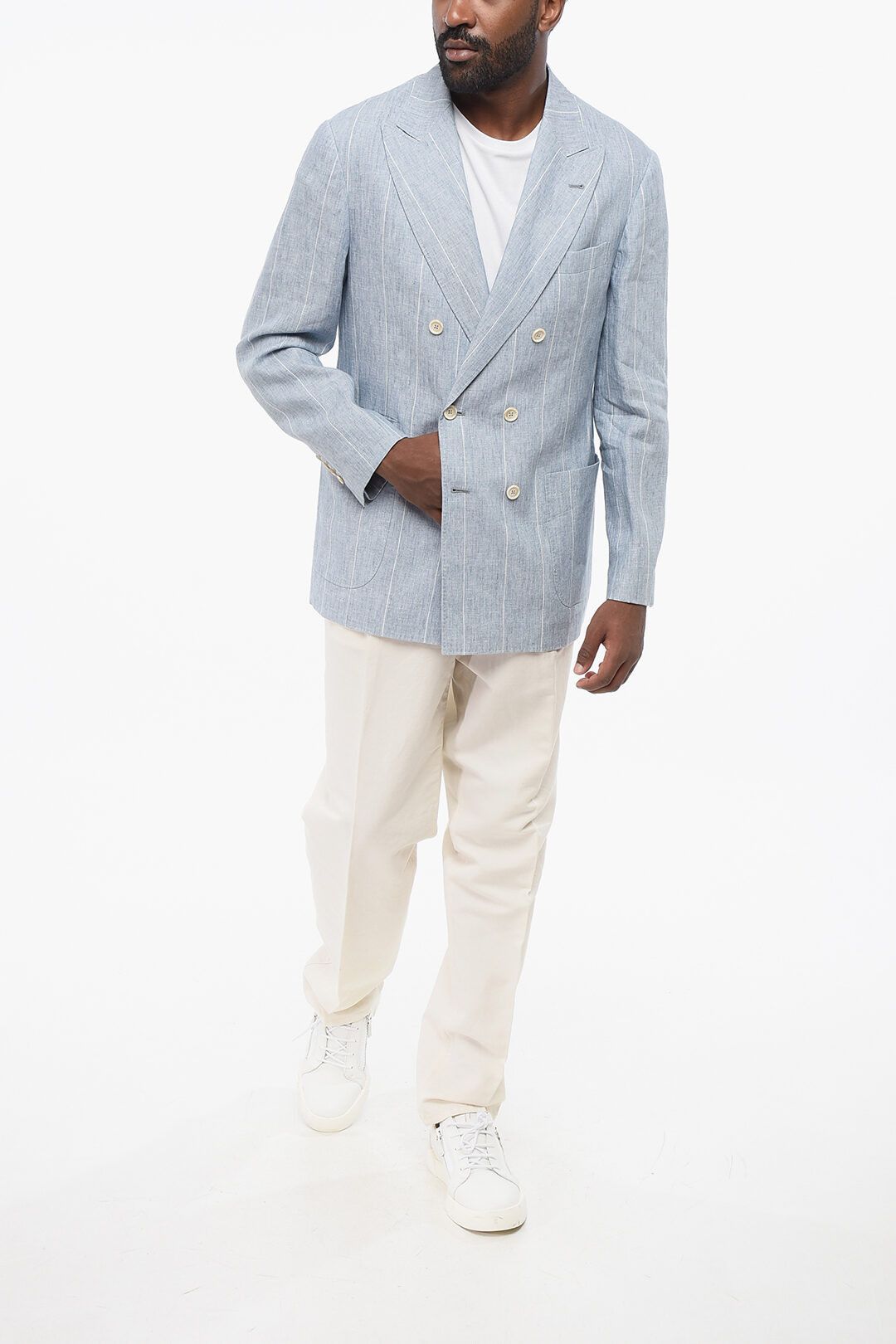 Brunello Cucinelli og1mm0725 Double-breasted Pinstriped Linen Blazer Light Blue Size US M / EU 48-50 / 2 - 4 Thumbnail