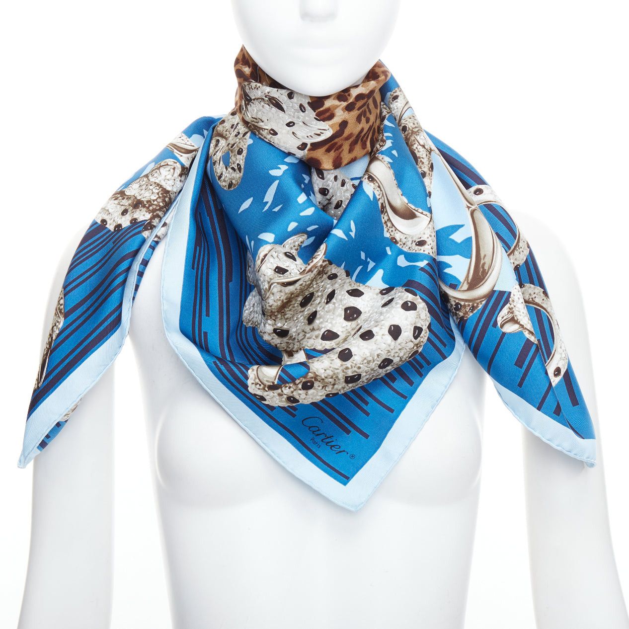 Cartier 100%シルク スカーフ CARTIER 100% silk blue grey panther leopard ring print square scarf