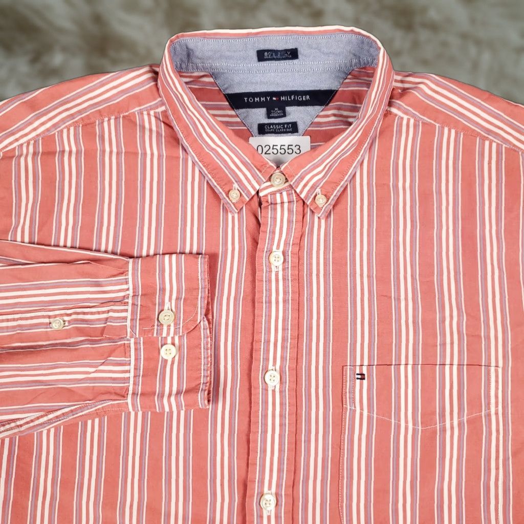 Tommy Hilfiger VINTAGE Tommy Hilfiger Shirt Mens XL Red Pink Striped Button-Up Long Sleeve Casual/Business Classic Logo, 90s Style Mens XL Red Pink Striped Shirt Size US XL / EU 56 / 4 - 1 Thumbnail