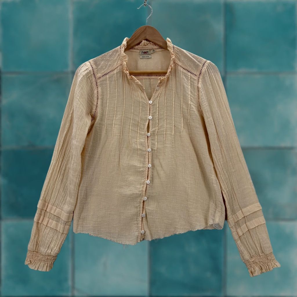 Faherty Faherty Blouse Womens Small Beige Organic Cotton V-Neck Long Sleeve Button Ruffle Crinkle Size S / US 4 / IT 40 - 1 Thumbnail