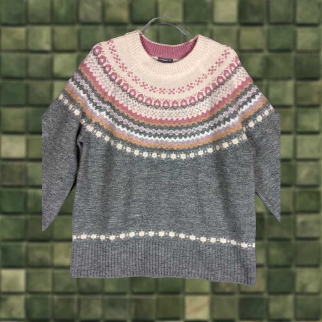 YOKE Cupcake Clothing Ltd. Women's Fair Isle Wool Blend Sweater XL Gray Balloon Sleeve Crew Neck Pullover Winter Casual NWT Size XL / US 12-14 / IT 48-50 - 1 Thumbnail