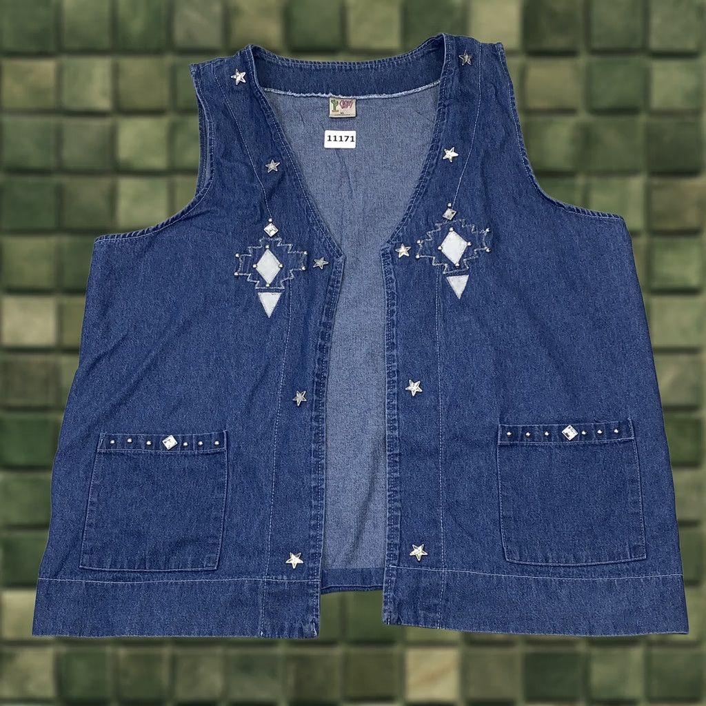 Denime VINTAGE Womens Vest Western Denim XL Blue Embroidered Rhinestone Aztec Style Cactus California Size XL / US 12-14 / IT 48-50 - 1 Thumbnail