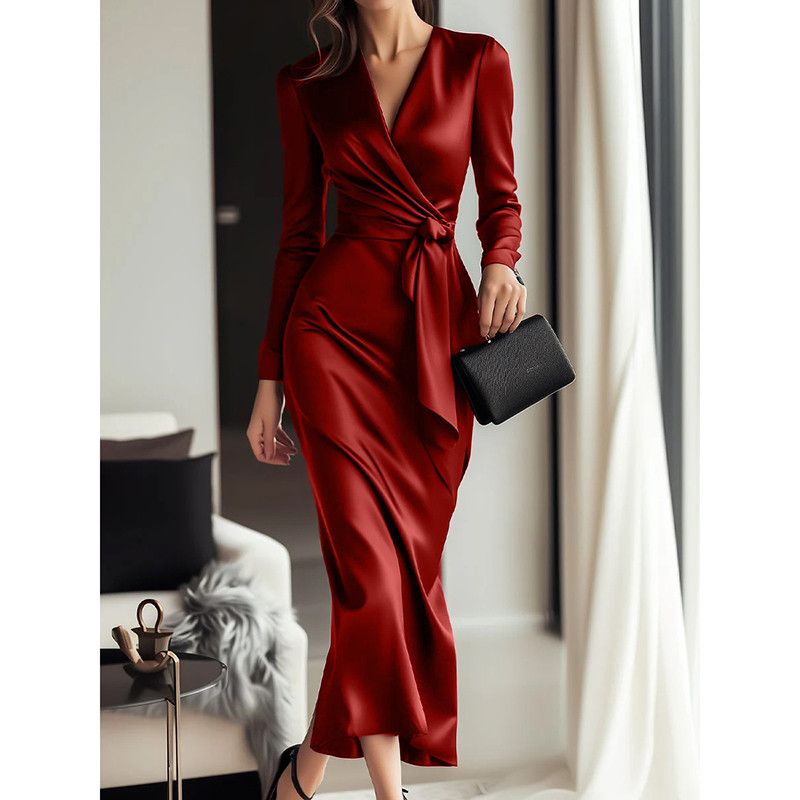 Other Women's Satin Dress Elegant V-Neck Long Sleeve Bodycon Dress Size S / US 4 / IT 40 - 1 Thumbnail