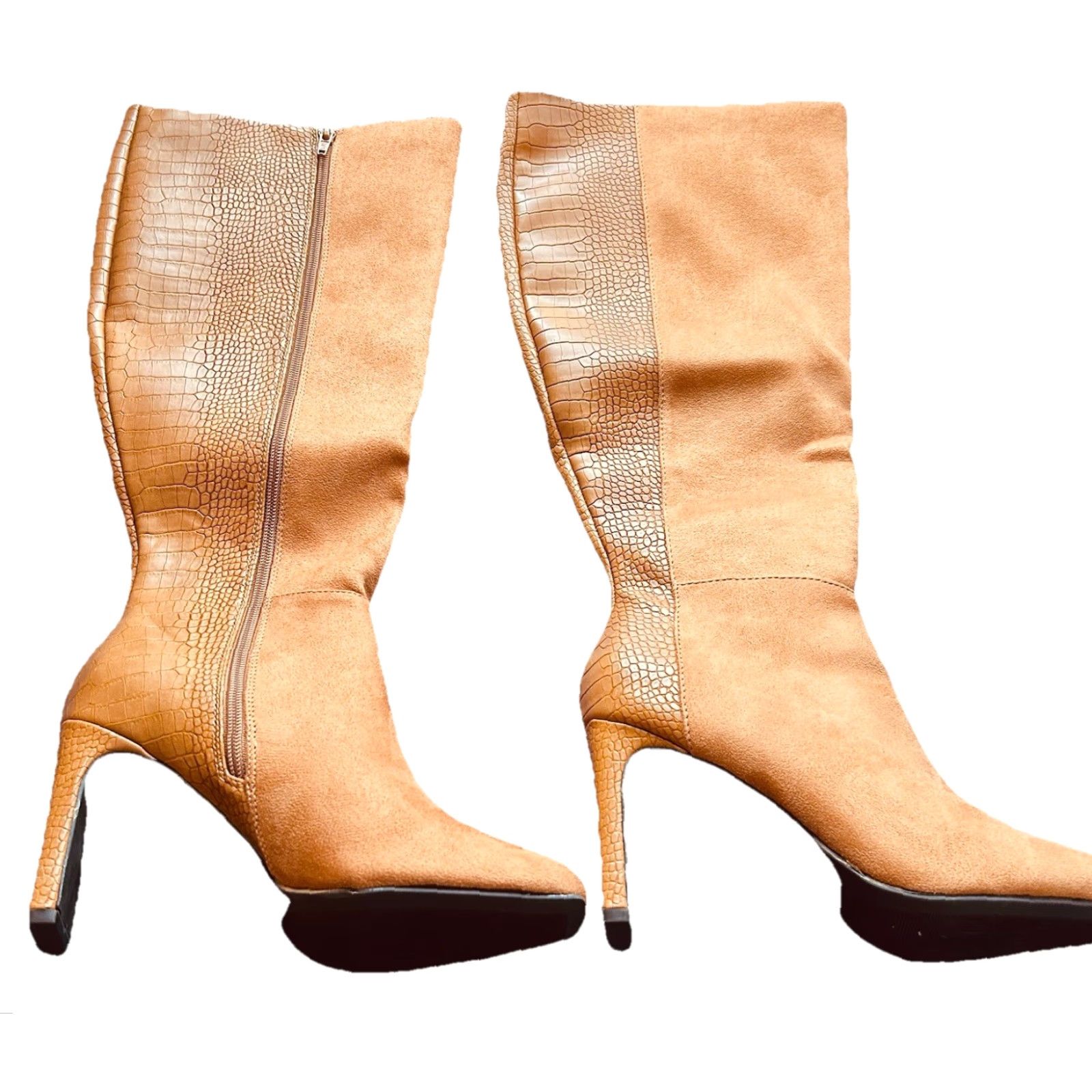 Vintage VINTAGE? No — Knee High Boots Women 7.5 Brown Faux Snake Skin Sued Side Zipper High Heel Block Western Amazon Boots Size US 8 / IT 38 - 2 Thumbnail