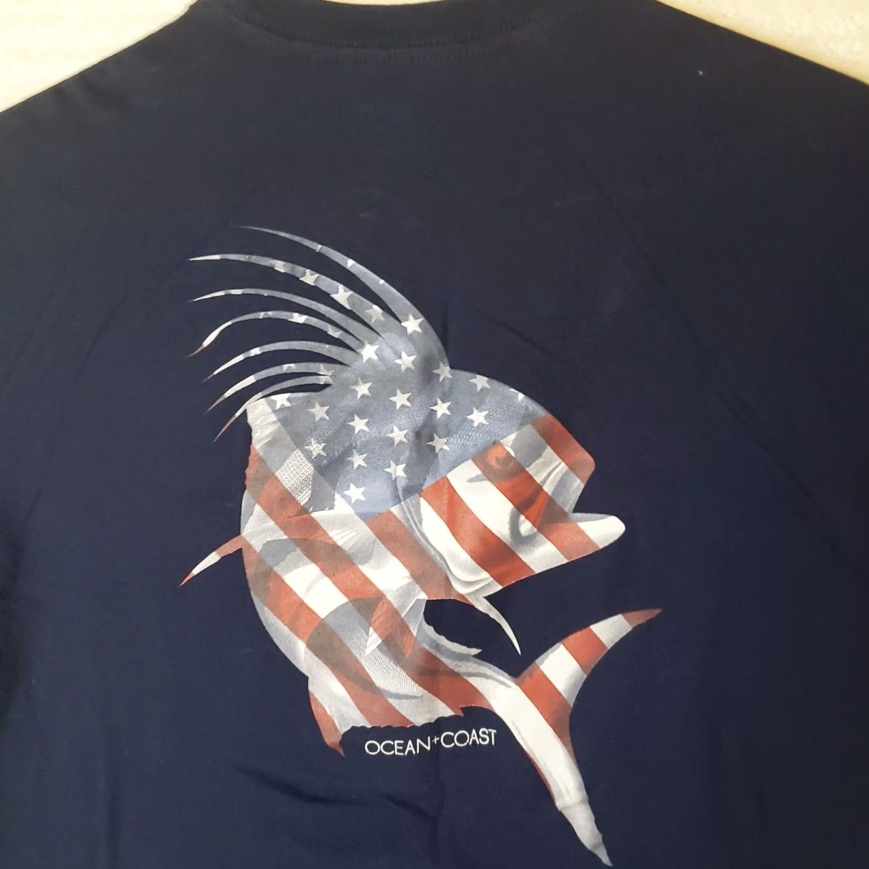 Vintage Ocean + Coast Mens S Navy Blue SS T-Shirt American Flag Roosterfish Size US S / EU 44-46 / 1 - 7 Thumbnail