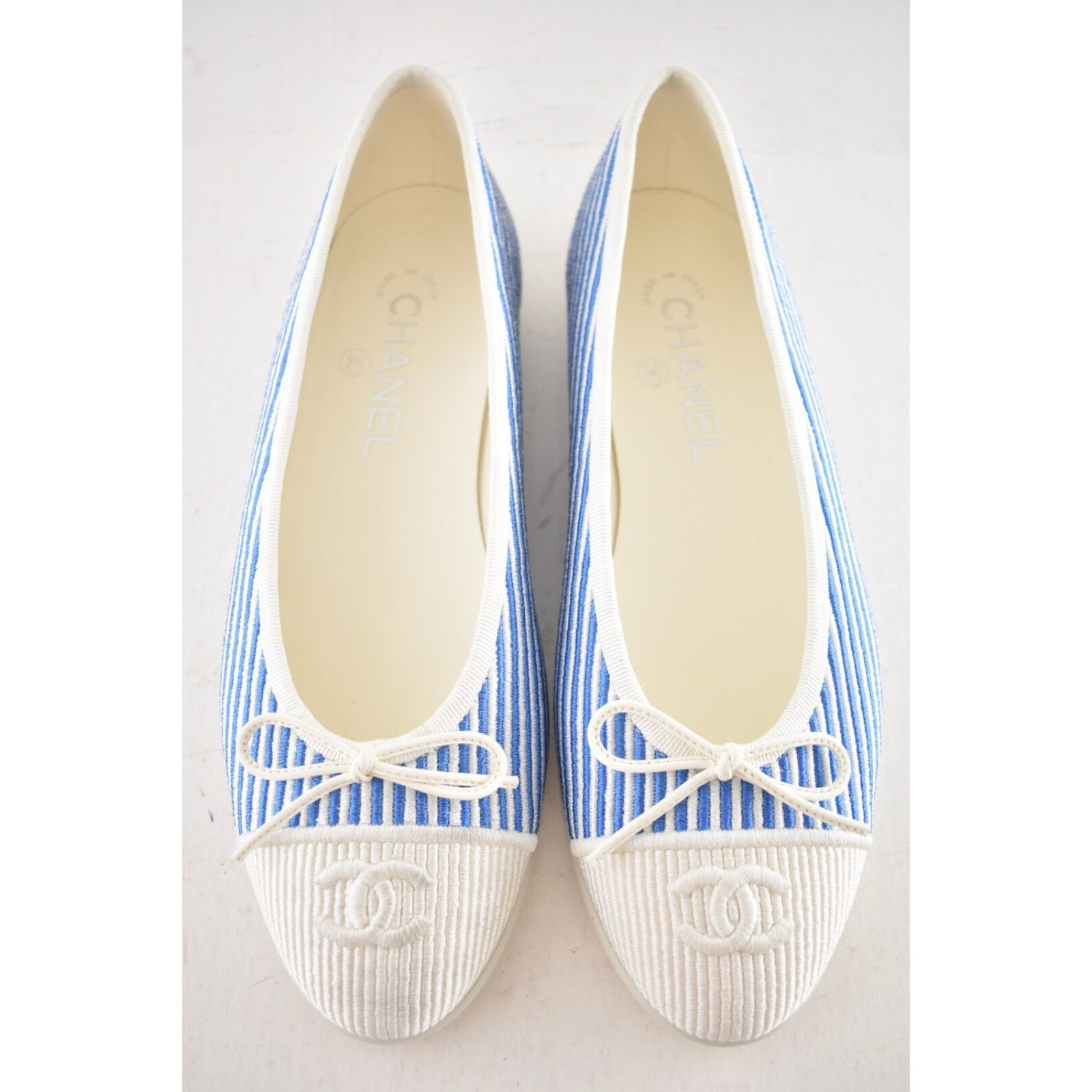 Chanel Chanel 24S Blue White Pinstripe Stripe CC Logo Bow Ballet Size US 7.5 / IT 37.5 - 7 Thumbnail