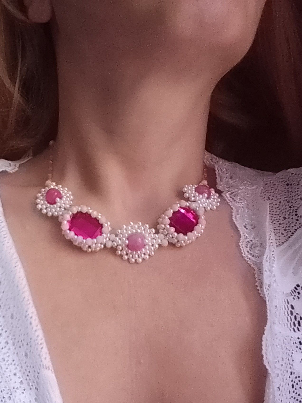 Handmade Beaded necklace pink Zircons & natural jade gemstones Size ONE SIZE - 2 Thumbnail