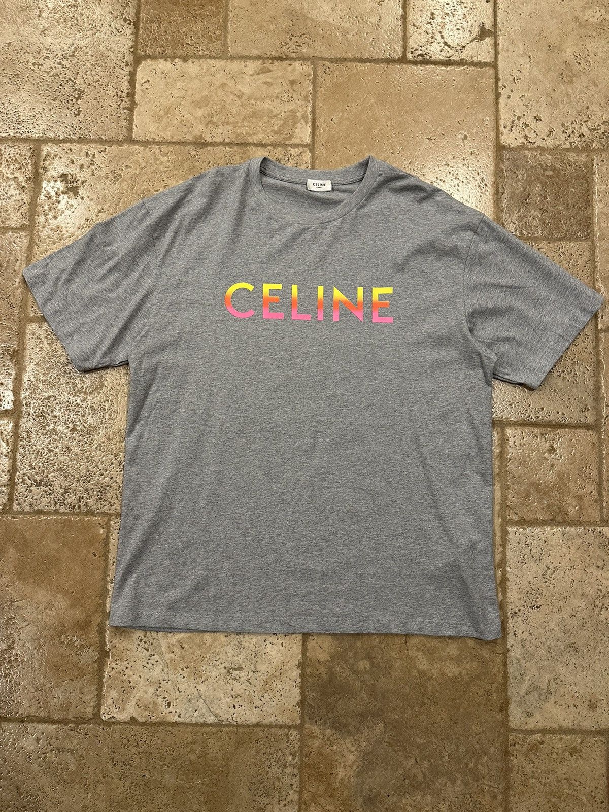 Celine × Hedi Slimane Celine Gradient Logo Print Grey Melange Loose T-Shirt Size US L / EU 52-54 / 3 - 3 Thumbnail