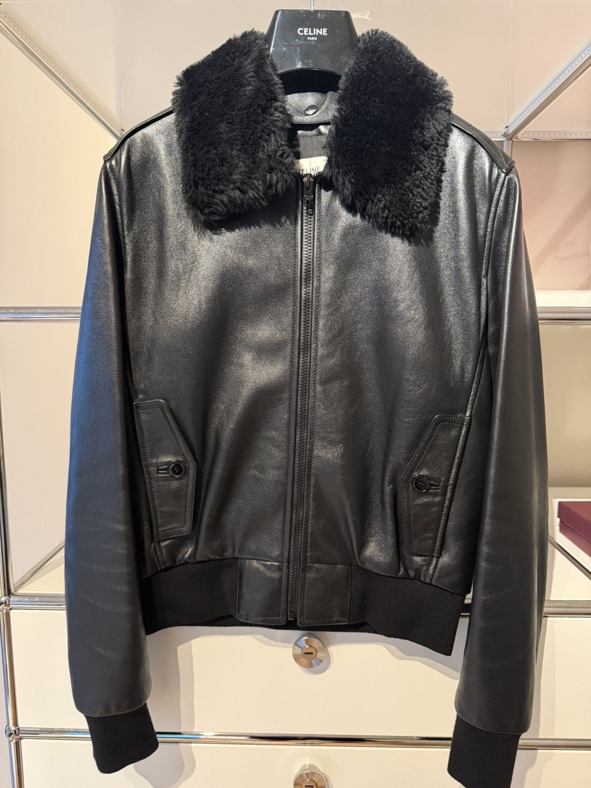 Celine × Hedi Slimane Celine by Hedi Slimane - Leather Fur Collar Jacket - FW23 Size US S / EU 44-46 / 1 - 1 Thumbnail