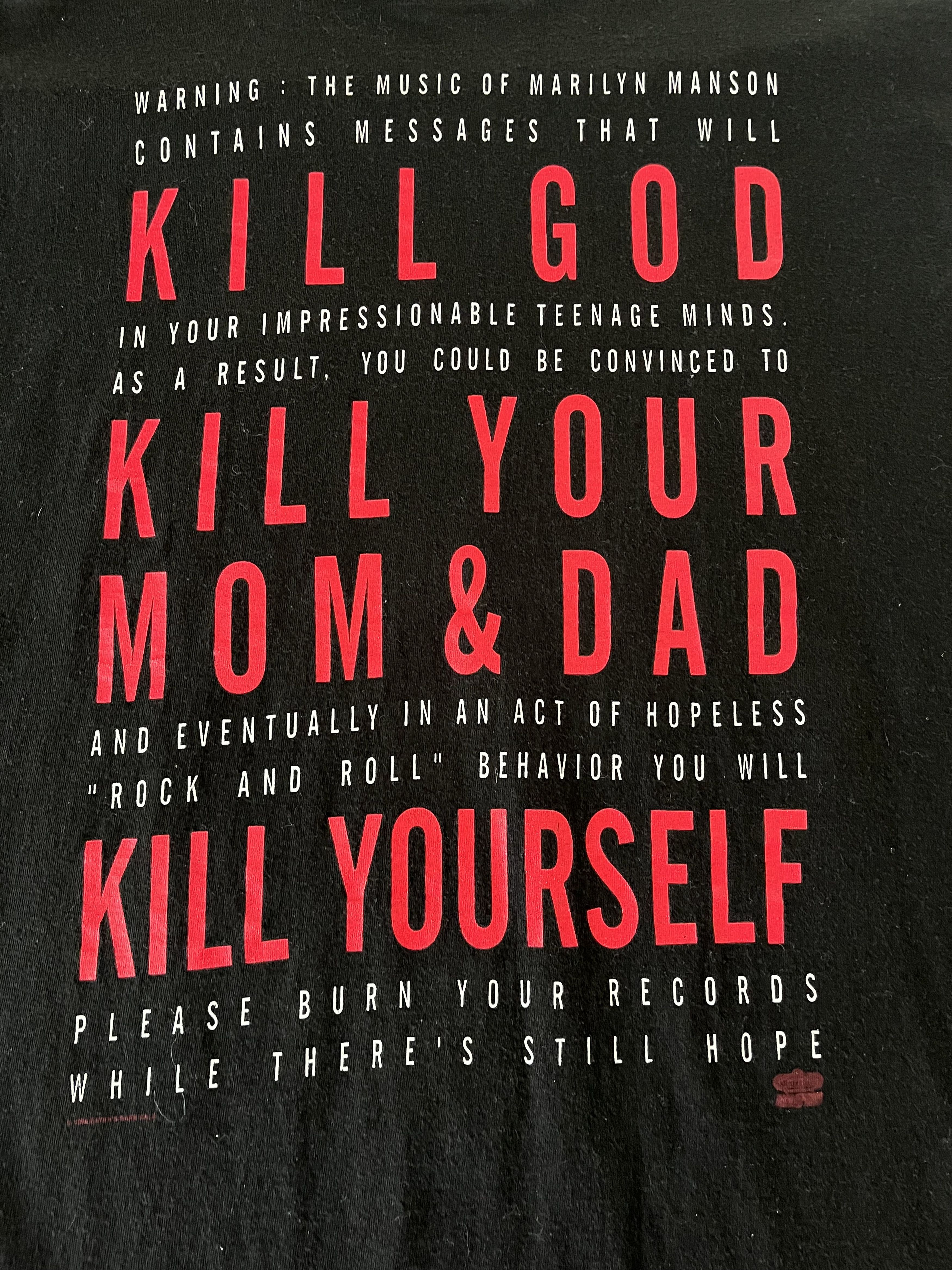 image of Hanes x Marilyn Manson 94 Vintage Marilyn Manson Kill God Mom & Dad Yourself in Black (Size XL)