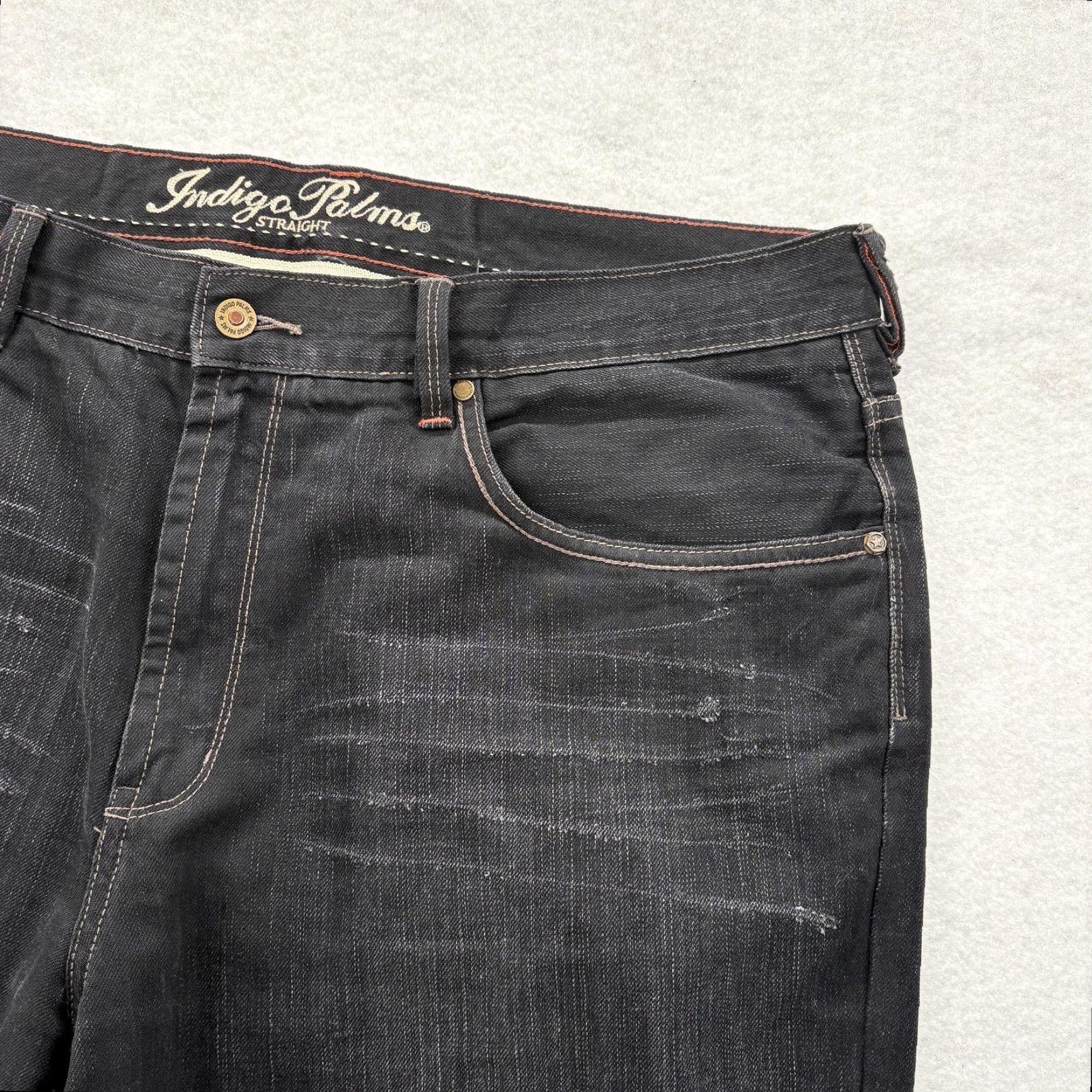 Denime VINTAGE Indigo Palms Jeans Mens 42x32 Black Straight Leg Premium Denim Distressed Wash Size US 42 / EU 58 - 4 Thumbnail