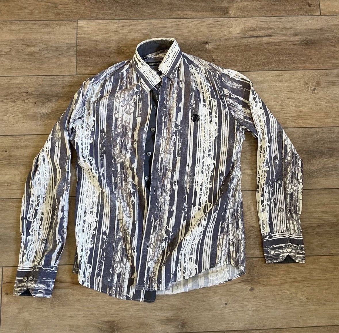 Robert cavalli black and white striped shirt