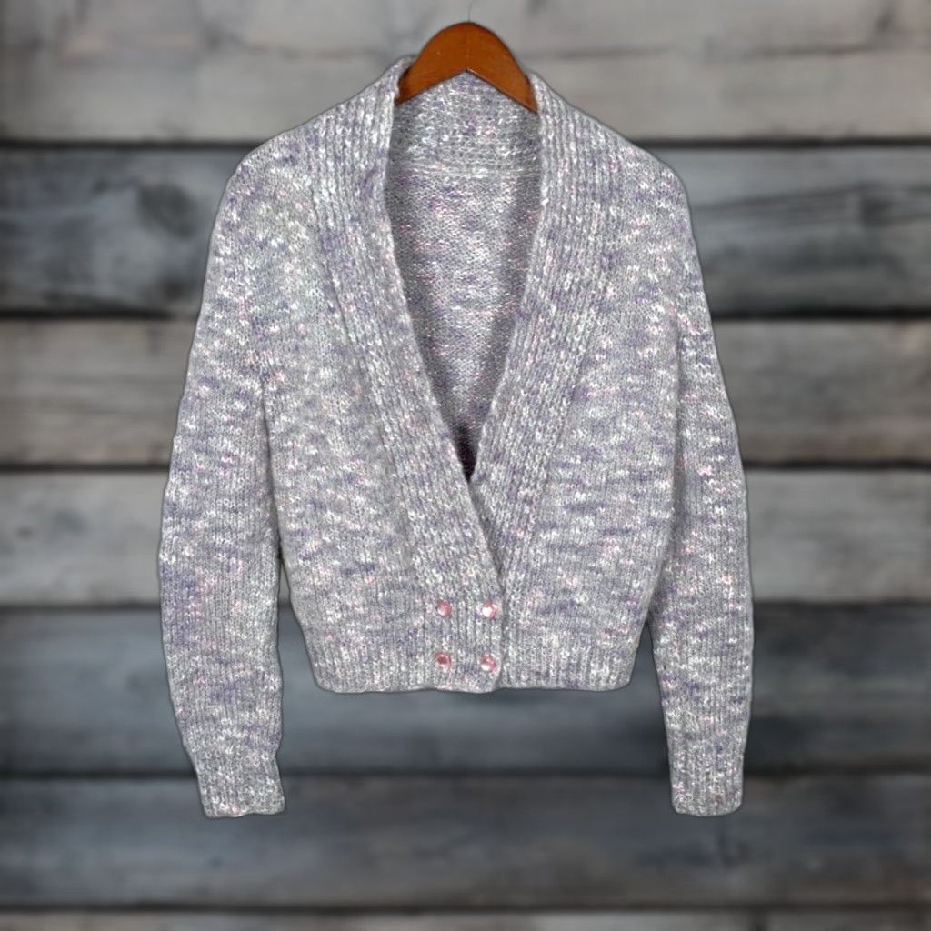 VTG Cardigan Sweater Womens Small Gray Purple Mohair Blend Double Breasted Crew Neck Long Sleeve