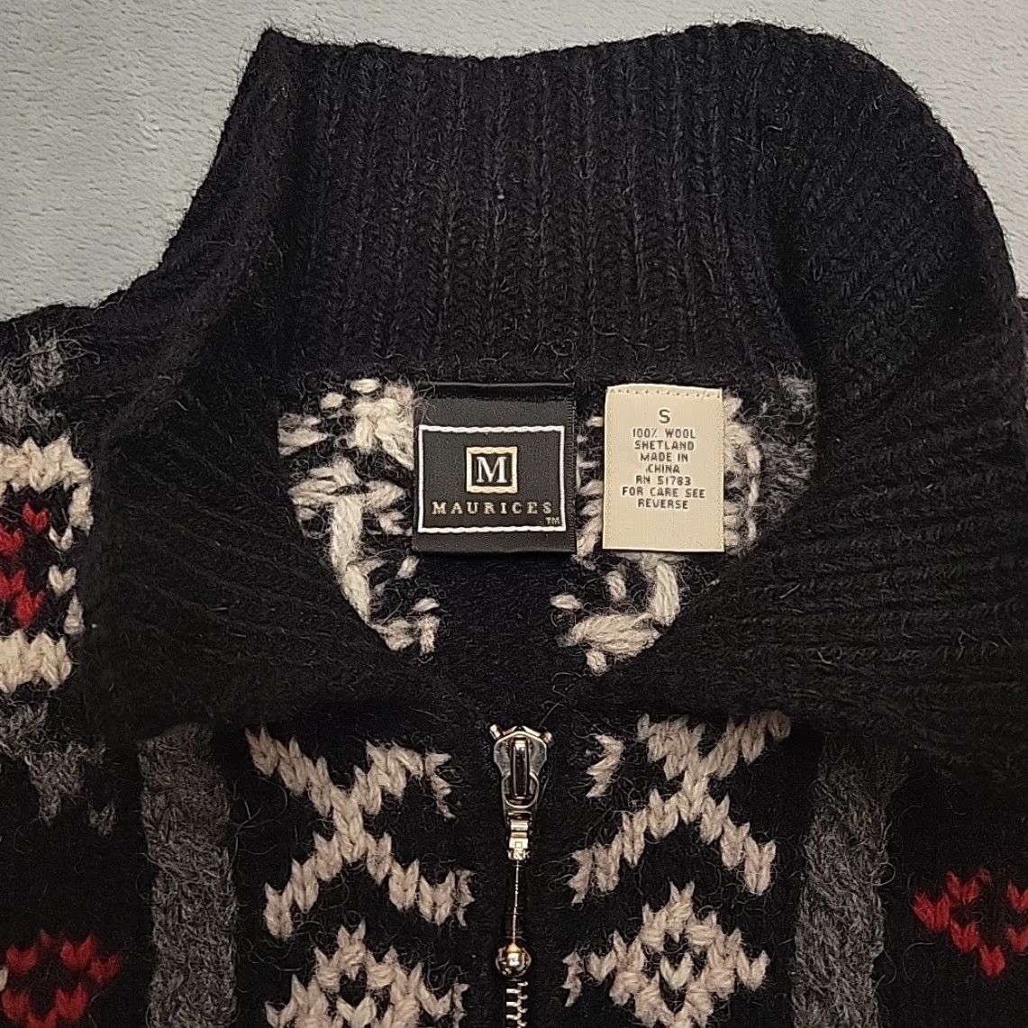 Vintage Maurices Sweater Womens S Black Shetland Wool Fair Isle Zip Nordic Cottagecore Size S / US 4 / IT 40 - 3 Thumbnail