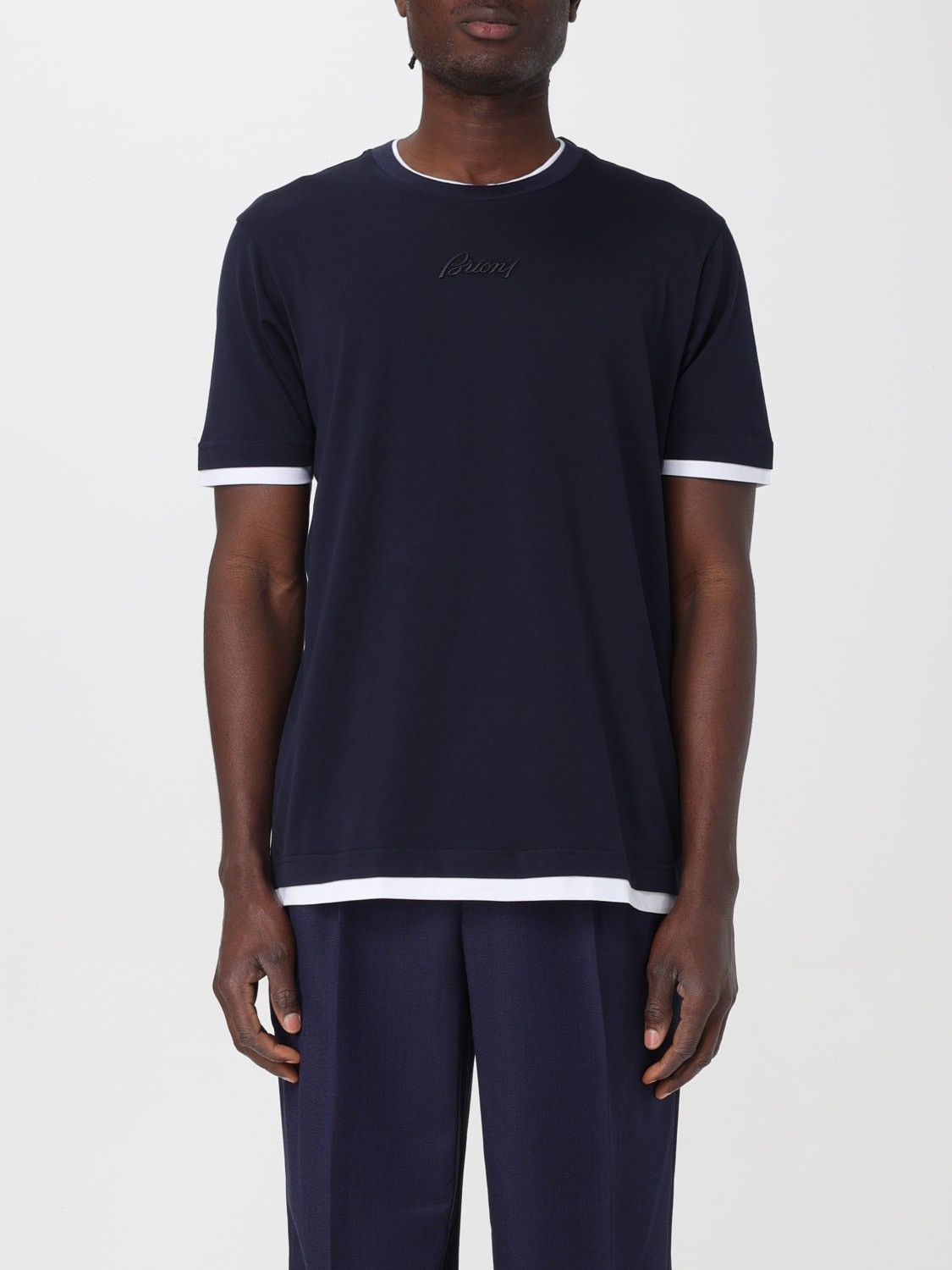 Brioni Brioni Embroidered Logo Cotton T-Shirt Navy Blue Size US L / EU 52-54 / 3 - 2 Thumbnail