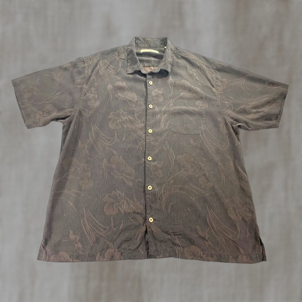 Tommy Bahama Shirt Men XL Silk Brown Hawaiian Palm Trees Floral Tropical Shirt