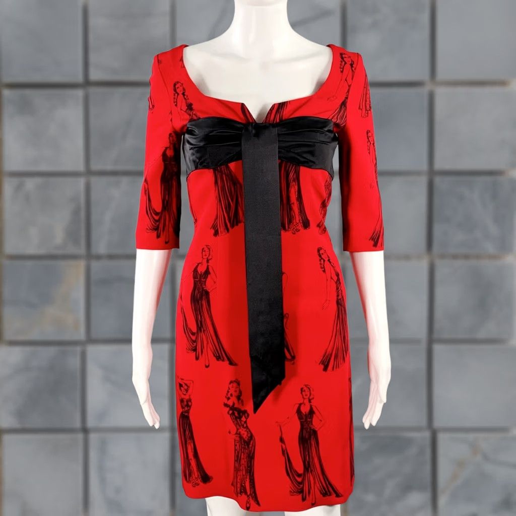 Moschino MOSCHINO Size 6 Red Black Viscose Blend Figures Bow Cocktail Dress Size M / US 6-8 / IT 42-44 - 1 Thumbnail