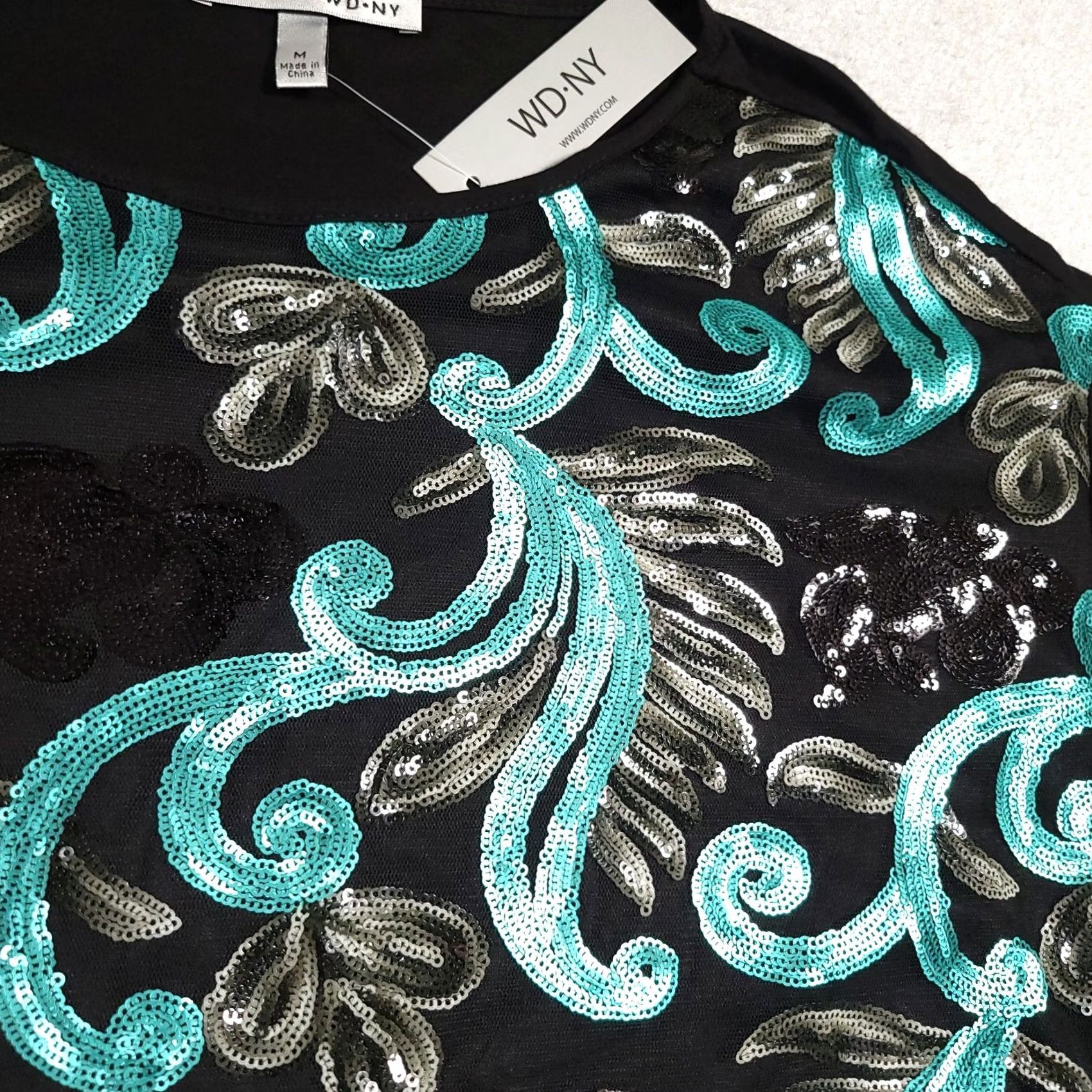 Altea WDNY Sequin Shirt Women's M Black Teal Silver Floral Stretch Long Sleeve Size M / US 6-8 / IT 42-44 - 4 Thumbnail