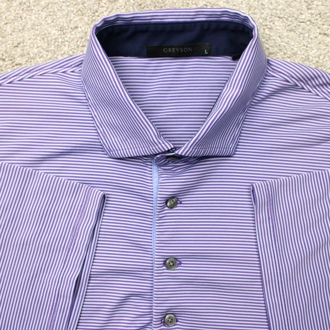 Vintage Greyson Polo Shirt Mens Large Purple Striped Golf Polyester Stretch Short Sleeve Size US L / EU 52-54 / 3 - 2 Thumbnail
