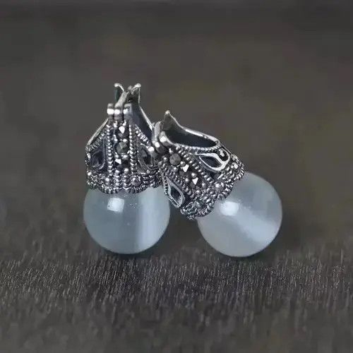 Sterling Silver S925 Sterling Silver Cat's eye stone earrings and Earrings Size ONE SIZE - 4 Thumbnail