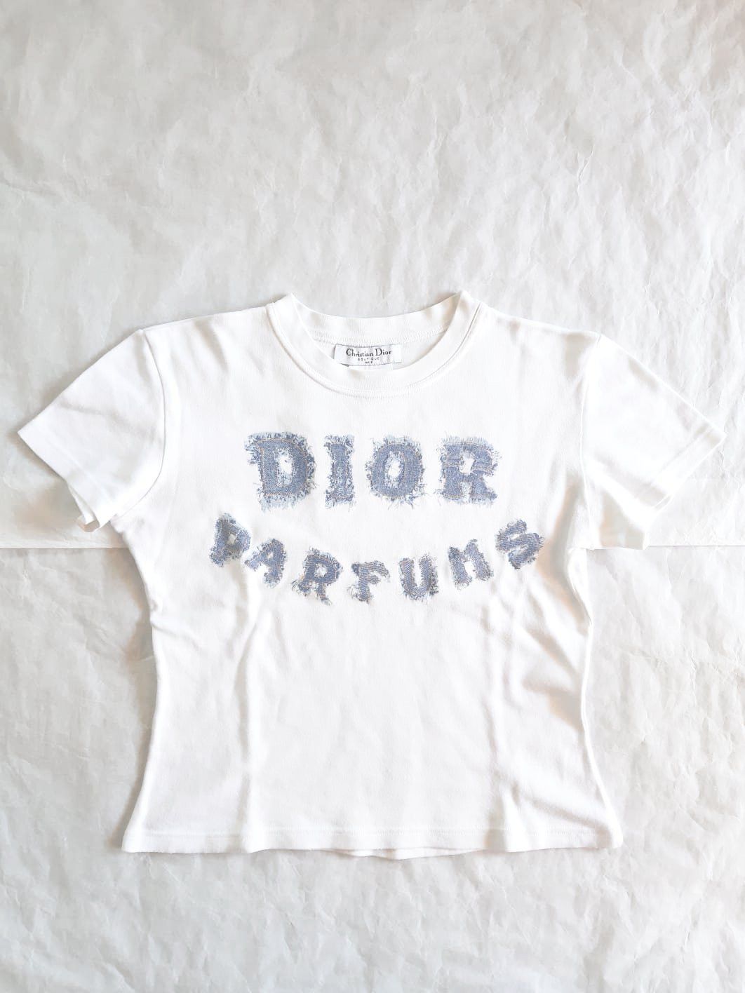 Dior DIOR 2002 "DIOR PARFUMS" Denim Print Logo Cropped T-Shirt Size M / US 6-8 / IT 42-44 - 1 Thumbnail