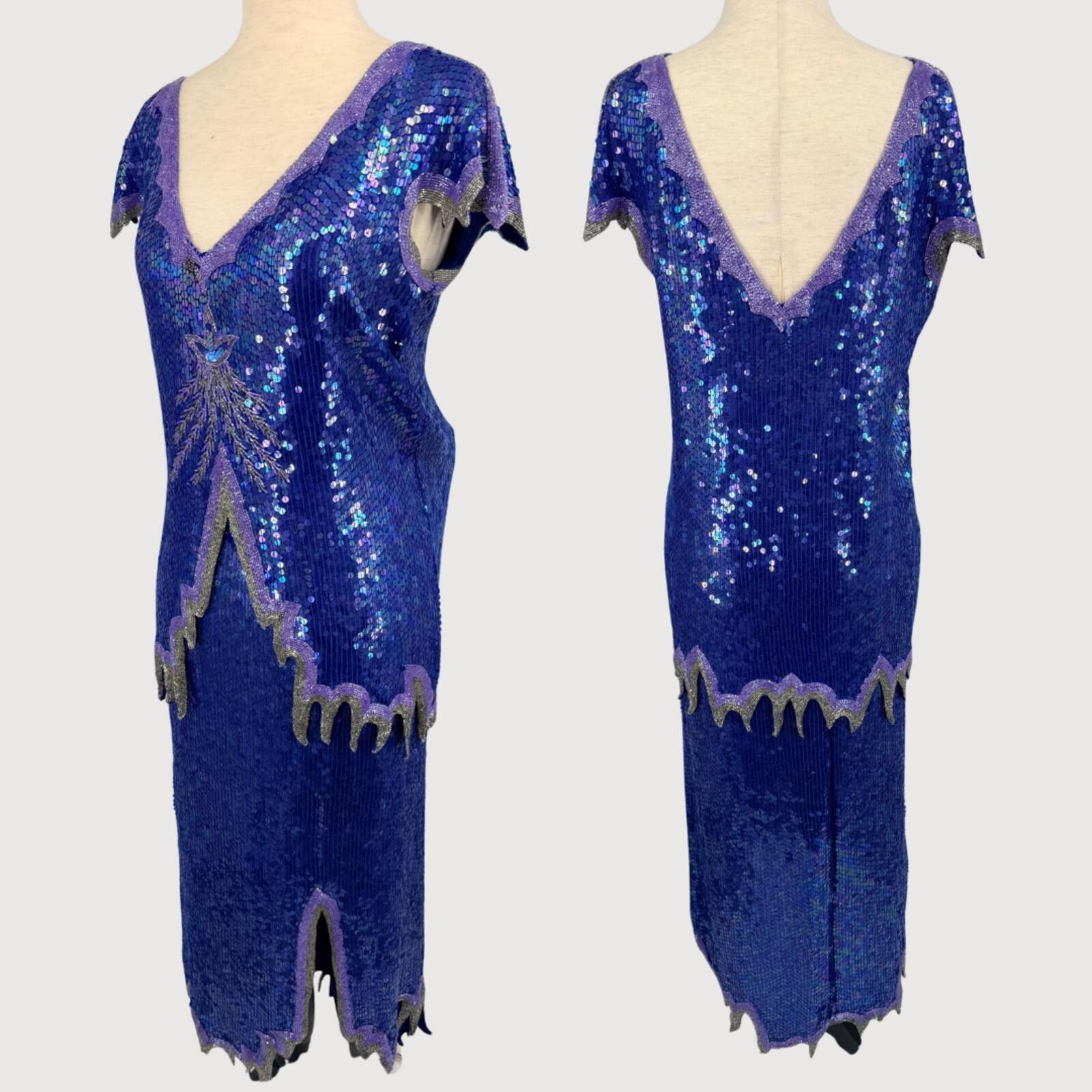 Unknown London Vintage 1980s Silk Sequin Beaded Skirt Set Blue Purple S Size S / US 4 / IT 40 - 3 Thumbnail