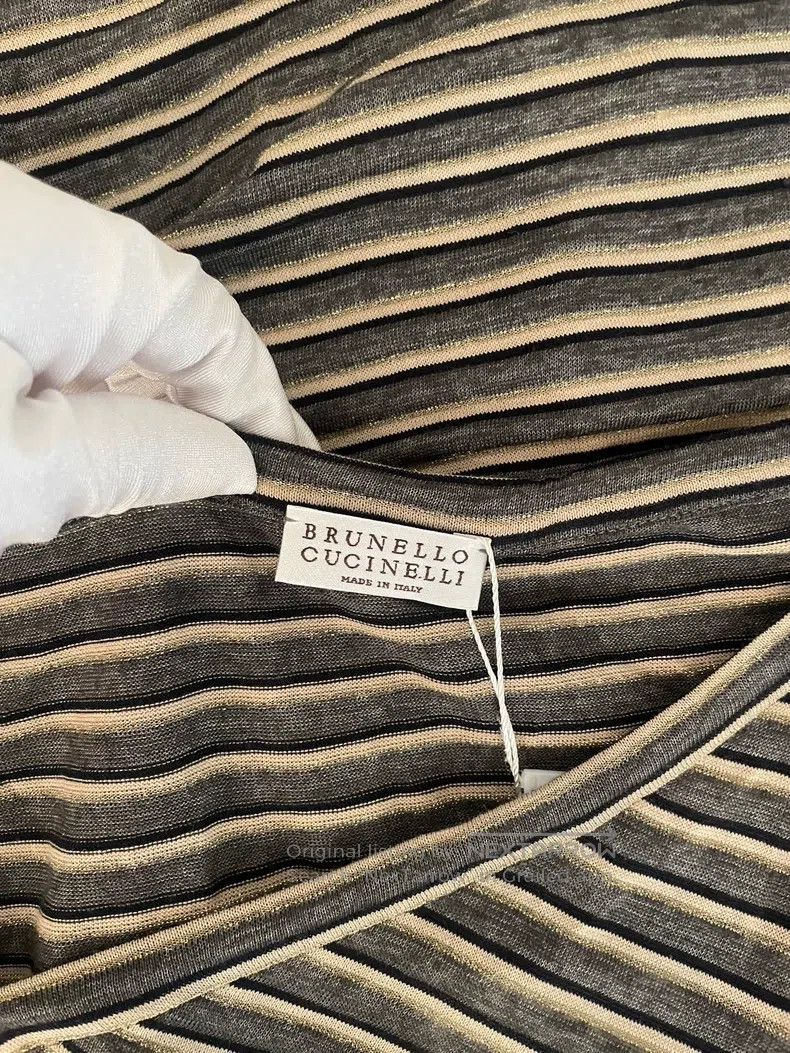 Brunello Cucinelli Brunello Cucinelli Gray Golden Striped Linen T-Shirt Size XS / US 0-2 / IT 36-38 - 5 Thumbnail