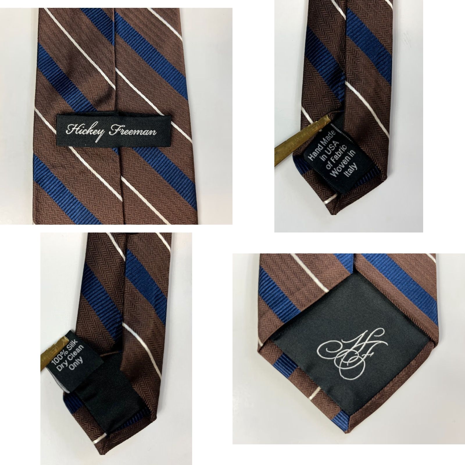 Vintage Hickey Freeman Men’s Luxury Silk Tie Hand Made in USA Fabric Woven in Italy Striped 100% Silk Brown 58" Length 3.5" Width Classic Tie Mens Size ONE SIZE - 8 Thumbnail