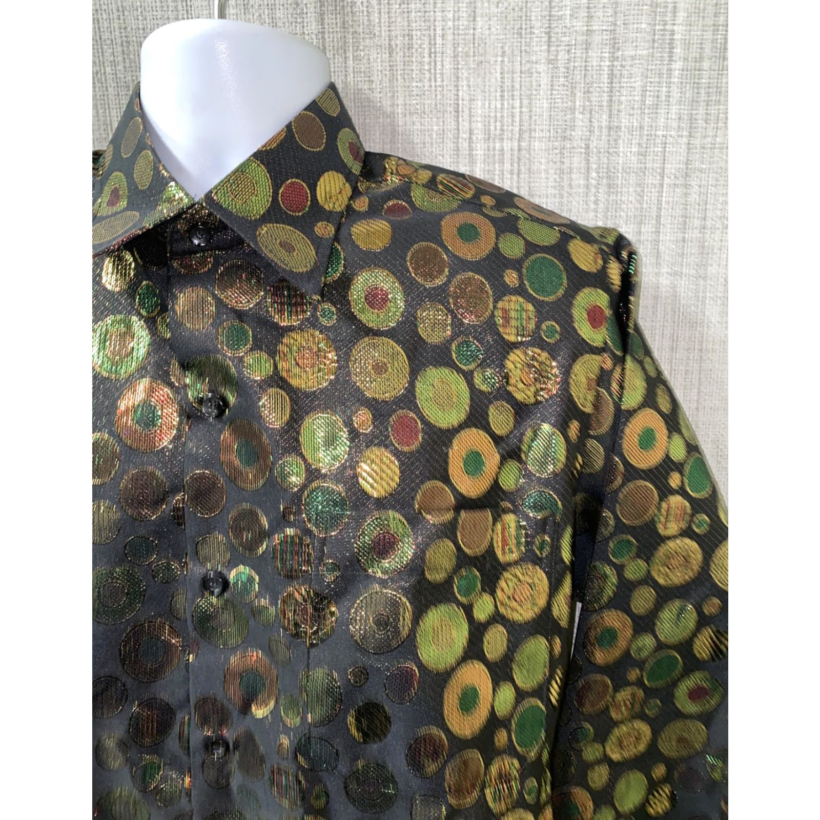 Vintage Jaggi Bunani Mens Button-Up Shirt Black Geometric Textured Graphic Long Sleeve Collared 22 In Armpit M Regular Black/Gold Size US M / EU 48-50 / 2 - 2 Thumbnail