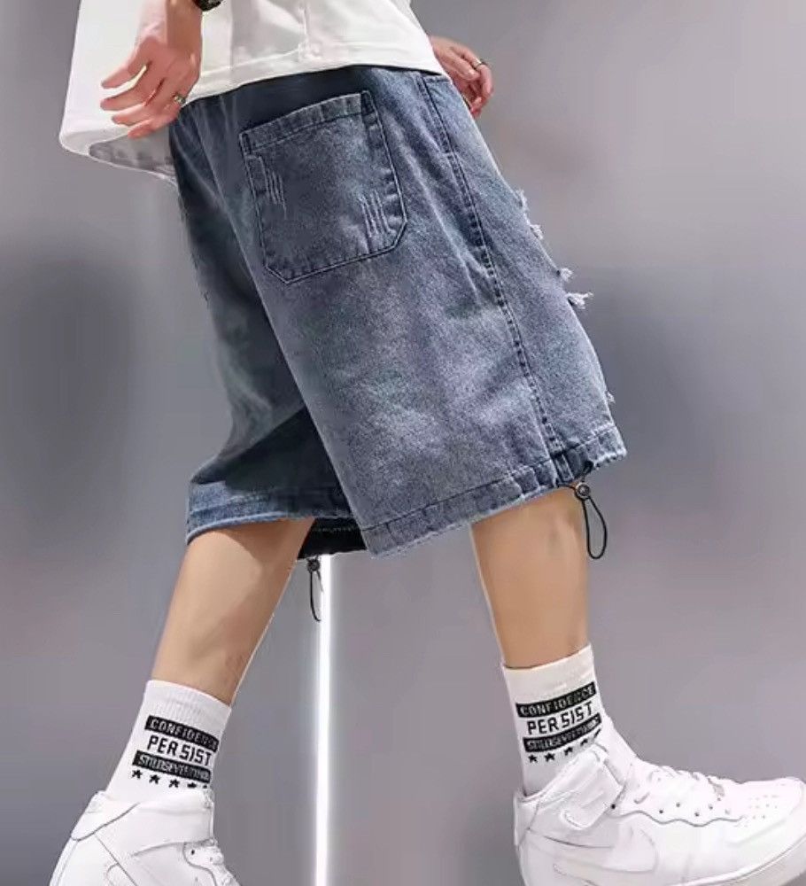 Jean Ripped Denim Cargo Shorts - Light Wash, Distressed Size US 29 - 6 Thumbnail