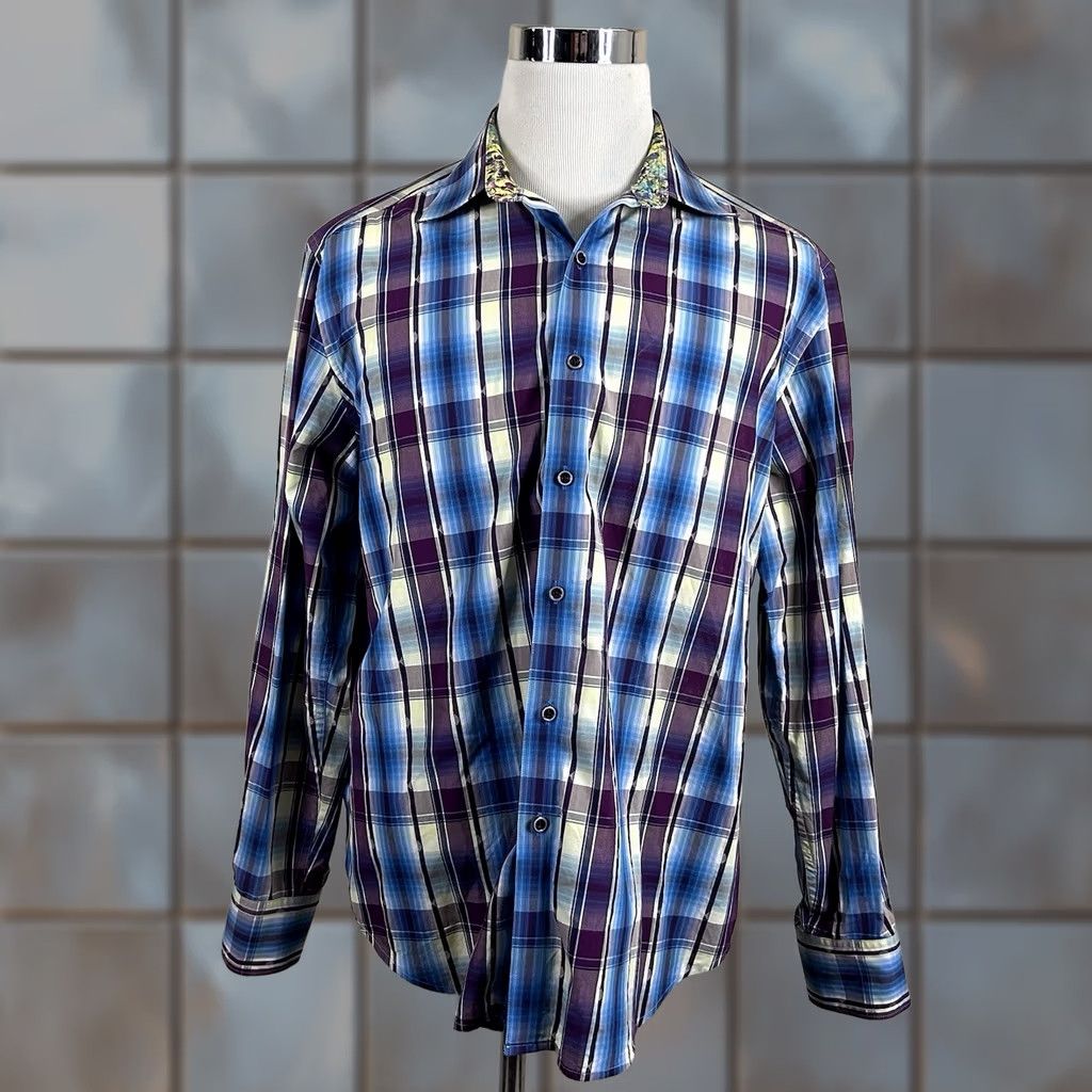 Robert Graham Robert Graham XL Classic Fit Shirt Floral Purple Plaid Cotton Button-Front Long Sleeve Casual Men’s Size US XL / EU 56 / 4 - 1 Thumbnail