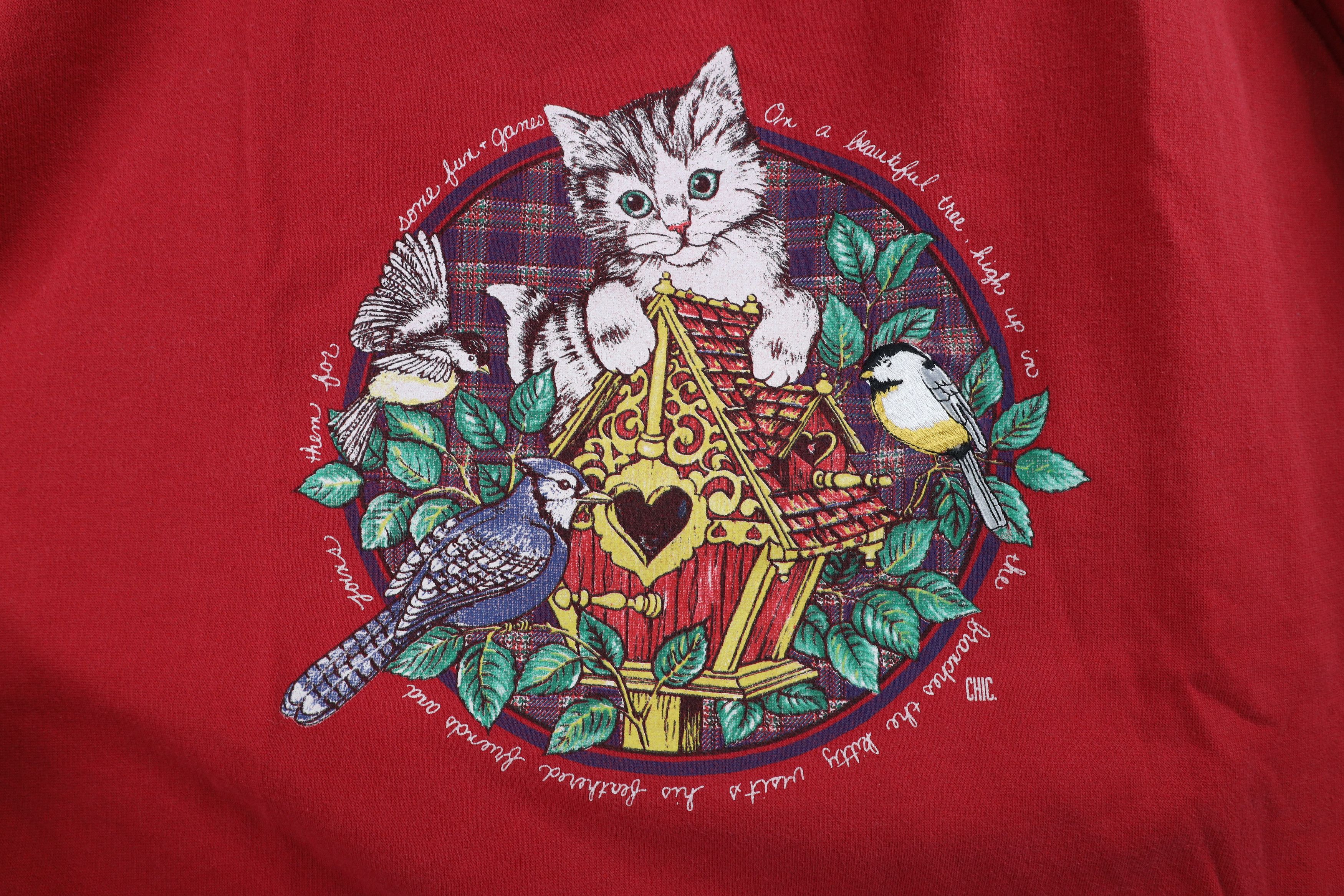 Vintage Vintage 90s Streetwear Kitten Bird Layered Sweatshirt Red Size 3XL / US 20-22 - 5 Thumbnail