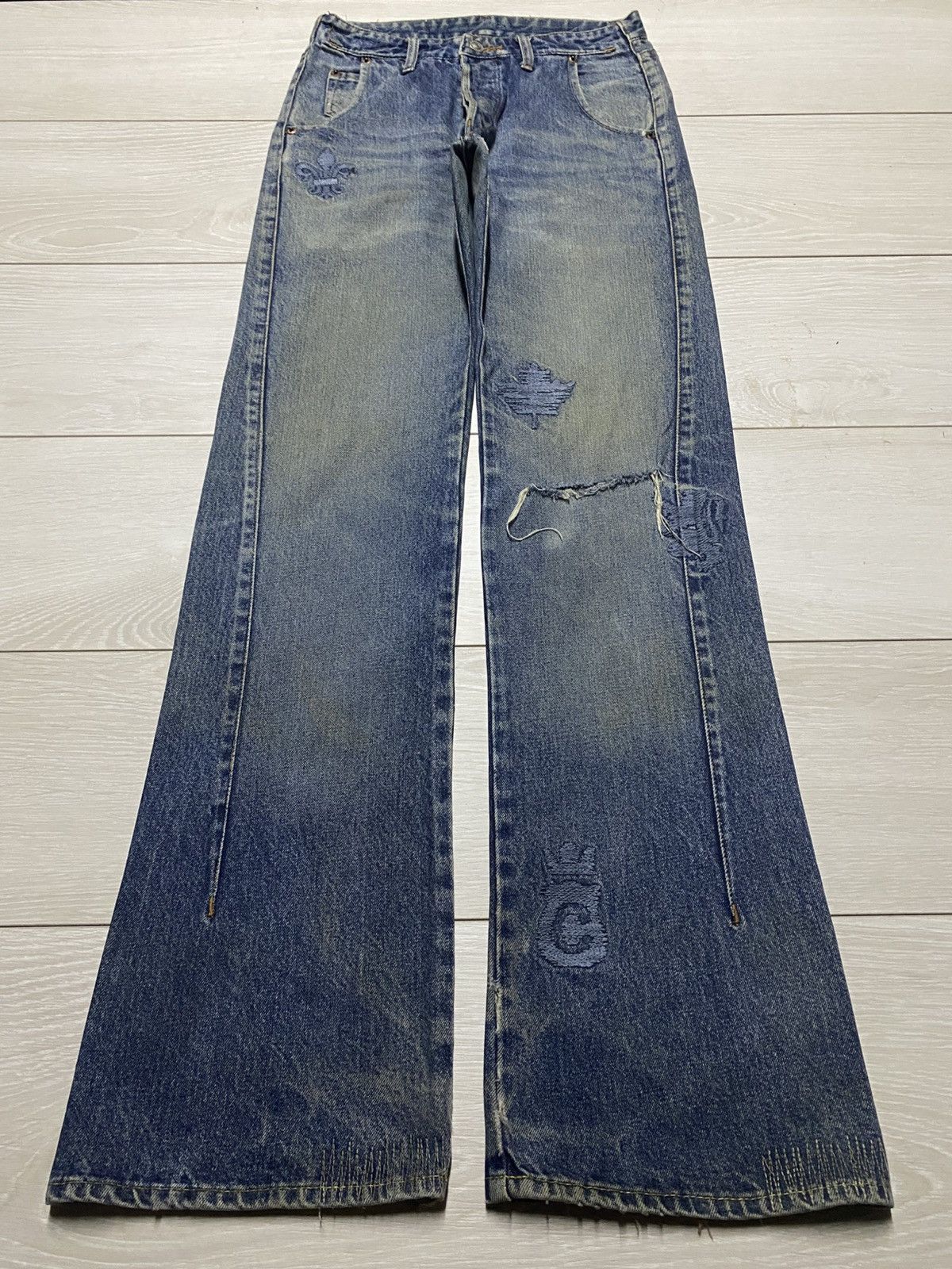 Japanese Brand MYK Vintage Y2K Flare Denim Distressed & Embroidered Size US 27 - 1 Thumbnail