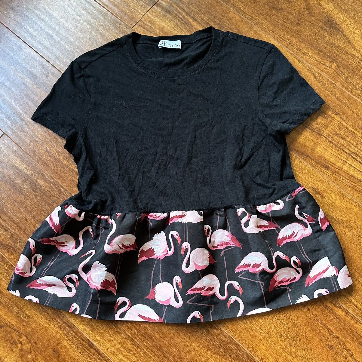 image of Red Valentino Black Pink Painted Flamingo Peplum T Shirt, Women's (Size Small)