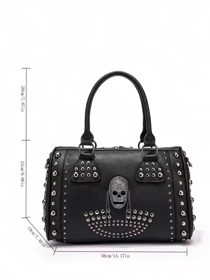 Japanese Brand Trendy Metal Skull Studded Black Handbags Size ONE SIZE - 7 Thumbnail
