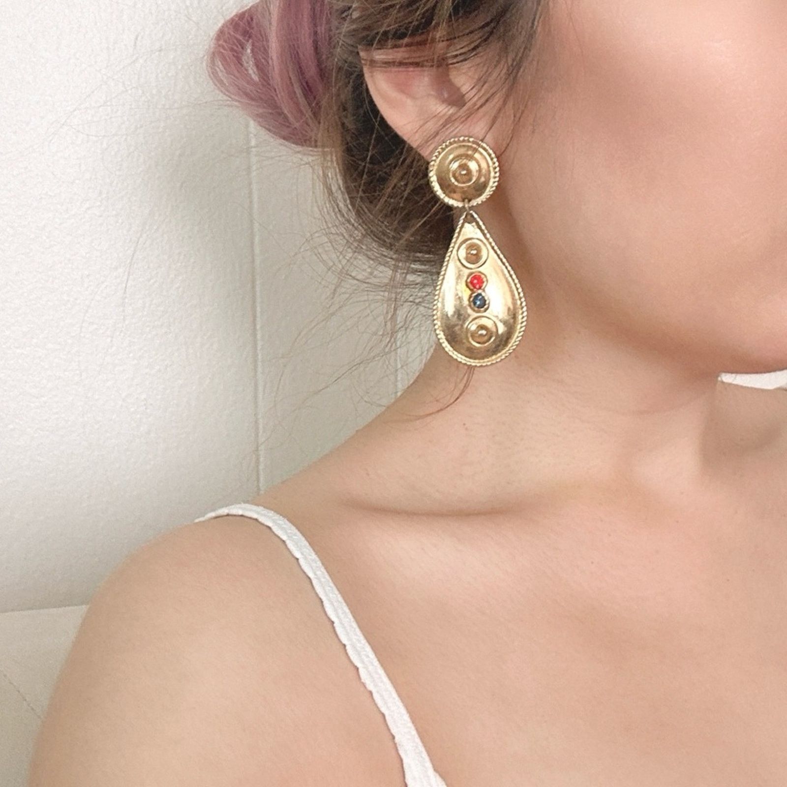 Other Vintage 80s Large Byzantine Runway Teardrop Clip-On Earrings Size ONE SIZE - 1 Thumbnail