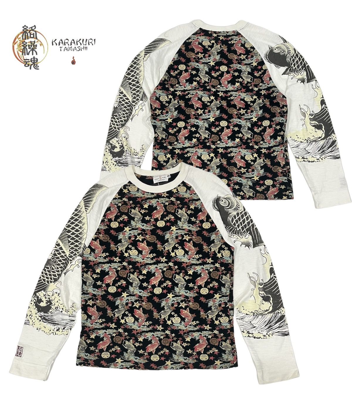 image of Sukajan T Shirts Karakuri Tamashi Fish Koi Sukajan Long Sleeve T Shirt in Black, Men's (Size Medium