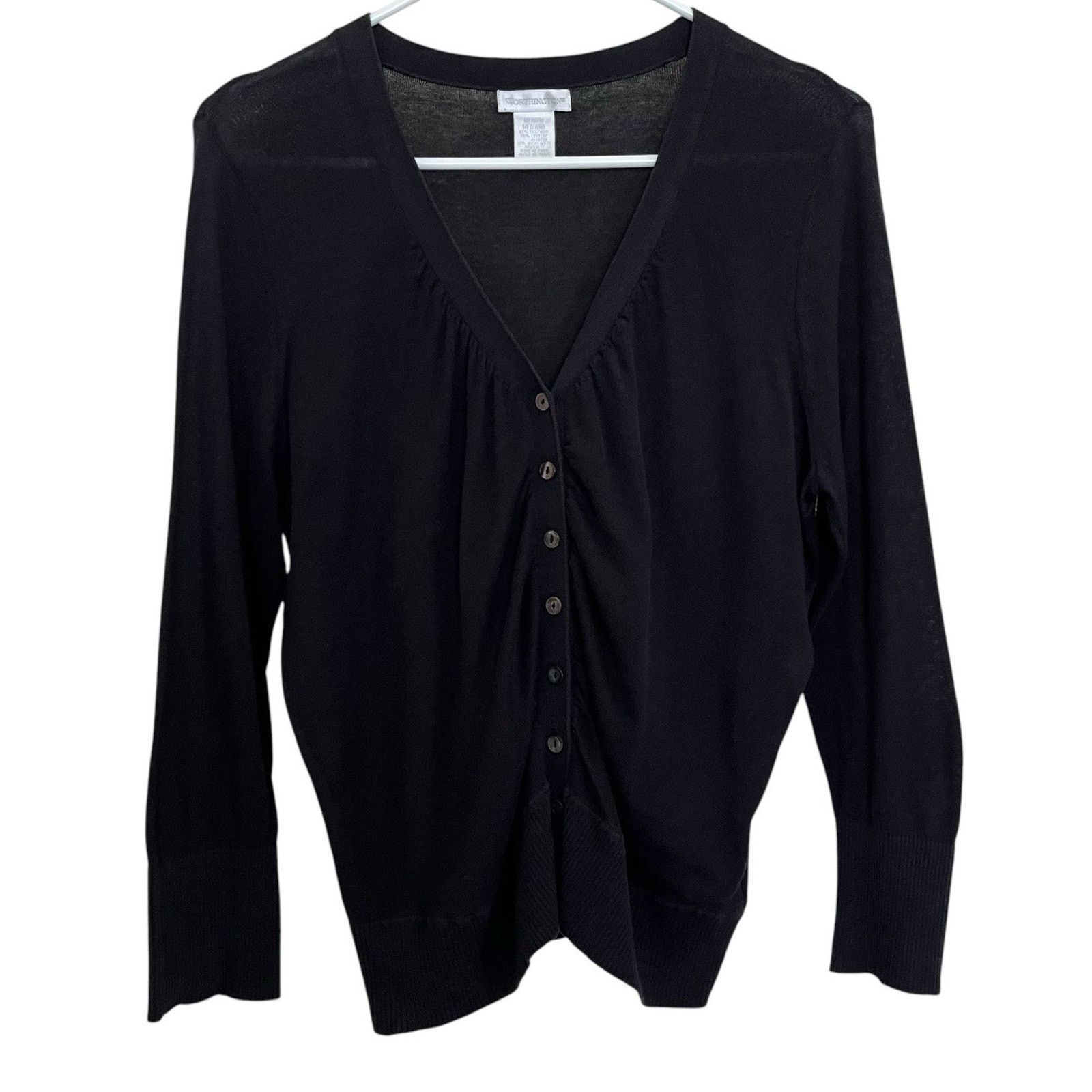 Worthington Worthington | Black Silk Blend Ruch Button Cardigan Sweater Size M / US 6-8 / IT 42-44 - 2 Thumbnail