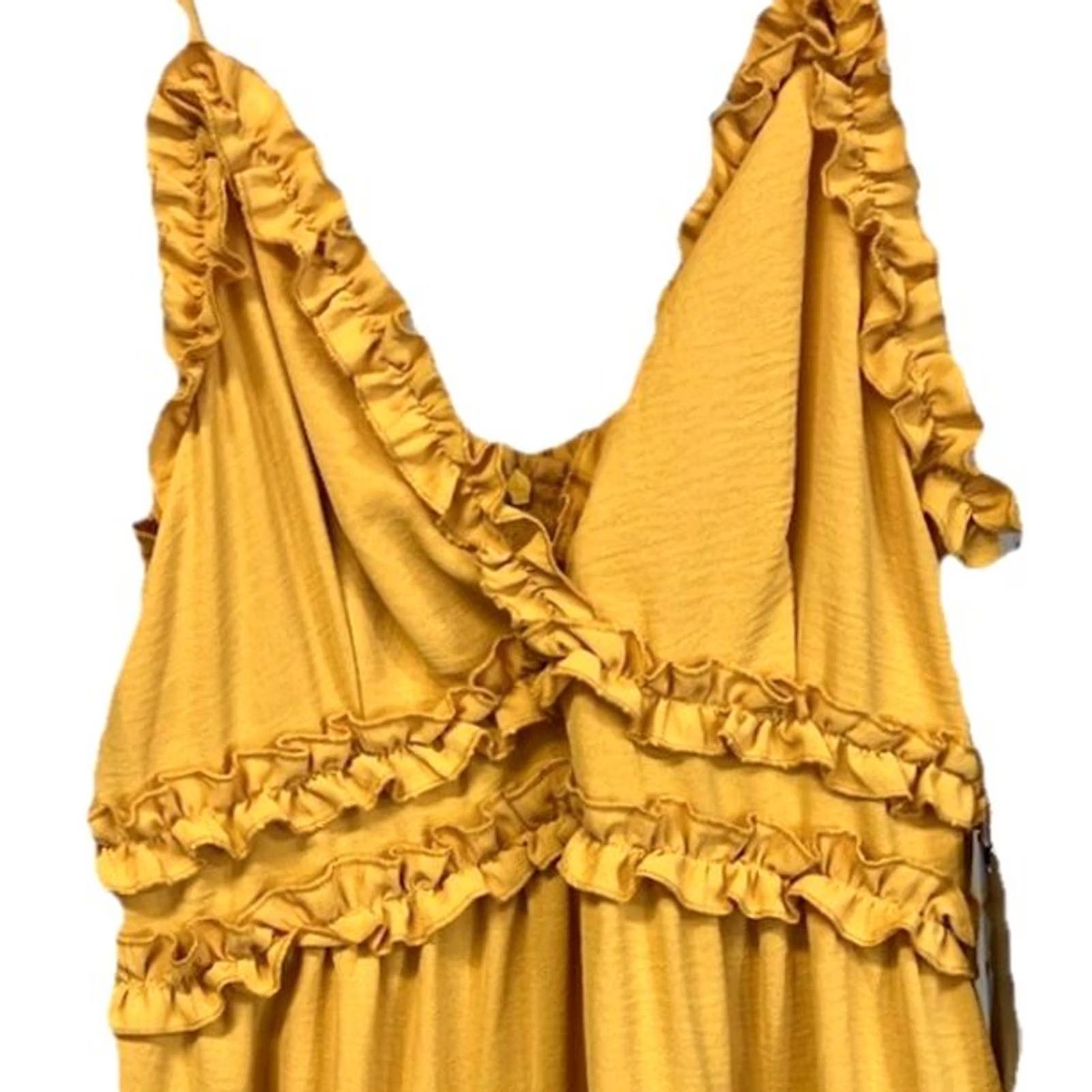 Vintage IRIS Dress Mini Yellow Sleeveless Spaghetti Strap Ruffled Tiered Fit & Flare Floral Casual L Women Size L / US 10 / IT 46 - 3 Thumbnail