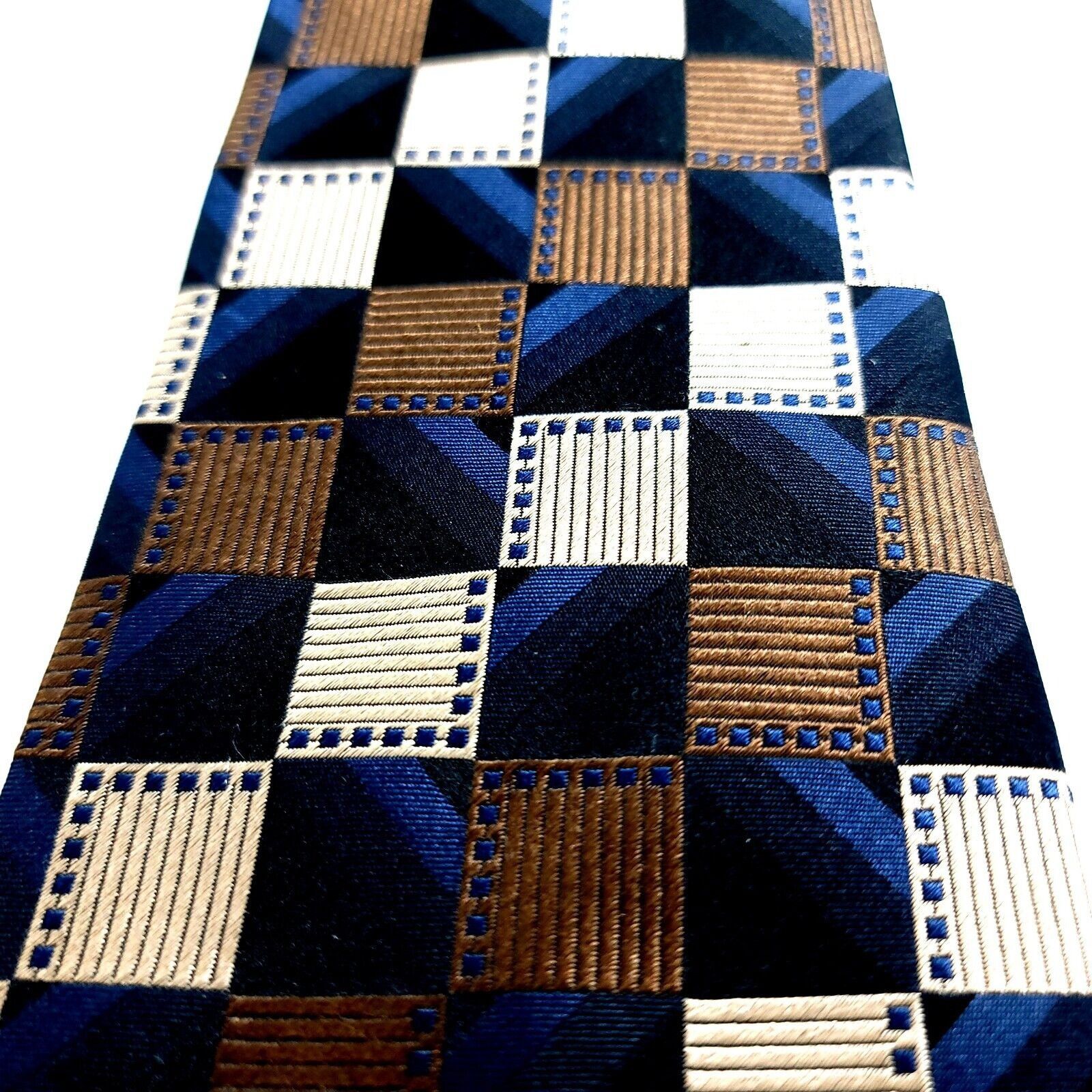Designer Bocara Woven Blue Brown Cream Woven Geometric Wide Long Silk Size ONE SIZE - 2 Thumbnail