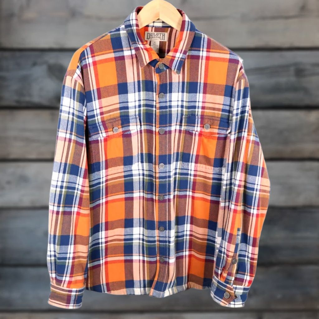 Vintage Duluth Flannel Shirt Jacket Men's XL Orange Blue Plaid Fleece Lined Flapjack Size US XL / EU 56 / 4 - 1 Thumbnail
